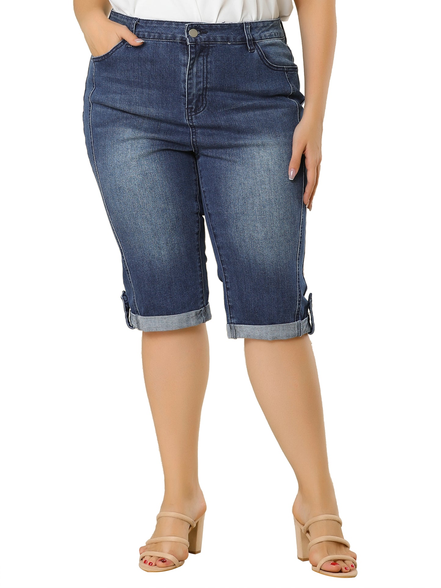 Women's Plus Size Capri Denim Jeans Mid-Rise Fit Curvy Stretch Skinny Jean Capris with Pocket