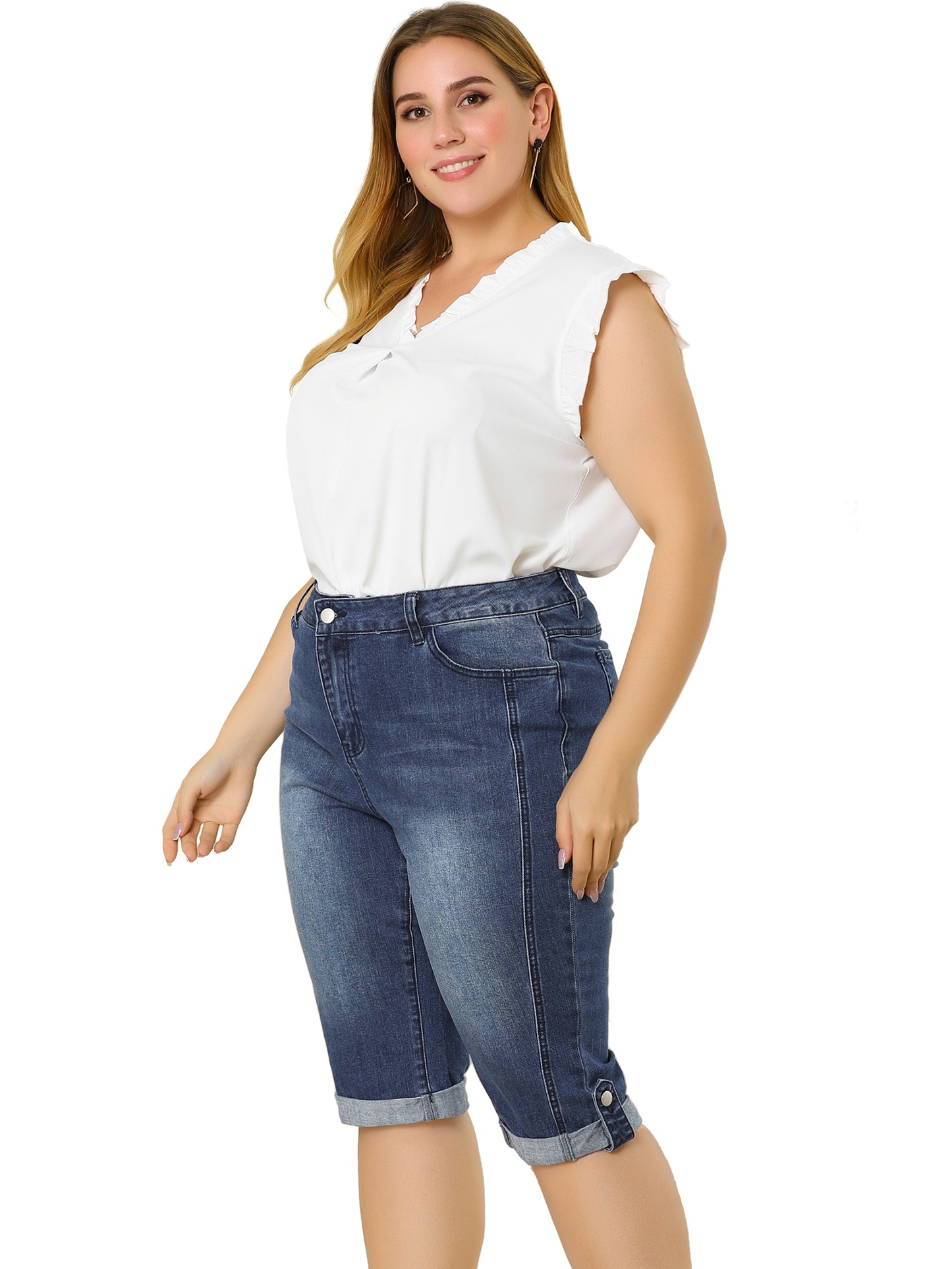 Women's Plus Size Capri Denim Jeans Mid-Rise Fit Curvy Stretch Skinny Jean Capris with Pocket