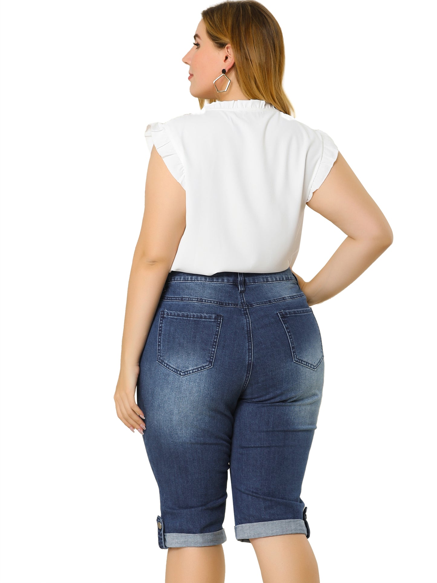 Women's Plus Size Capri Denim Jeans Mid-Rise Fit Curvy Stretch Skinny Jean Capris with Pocket