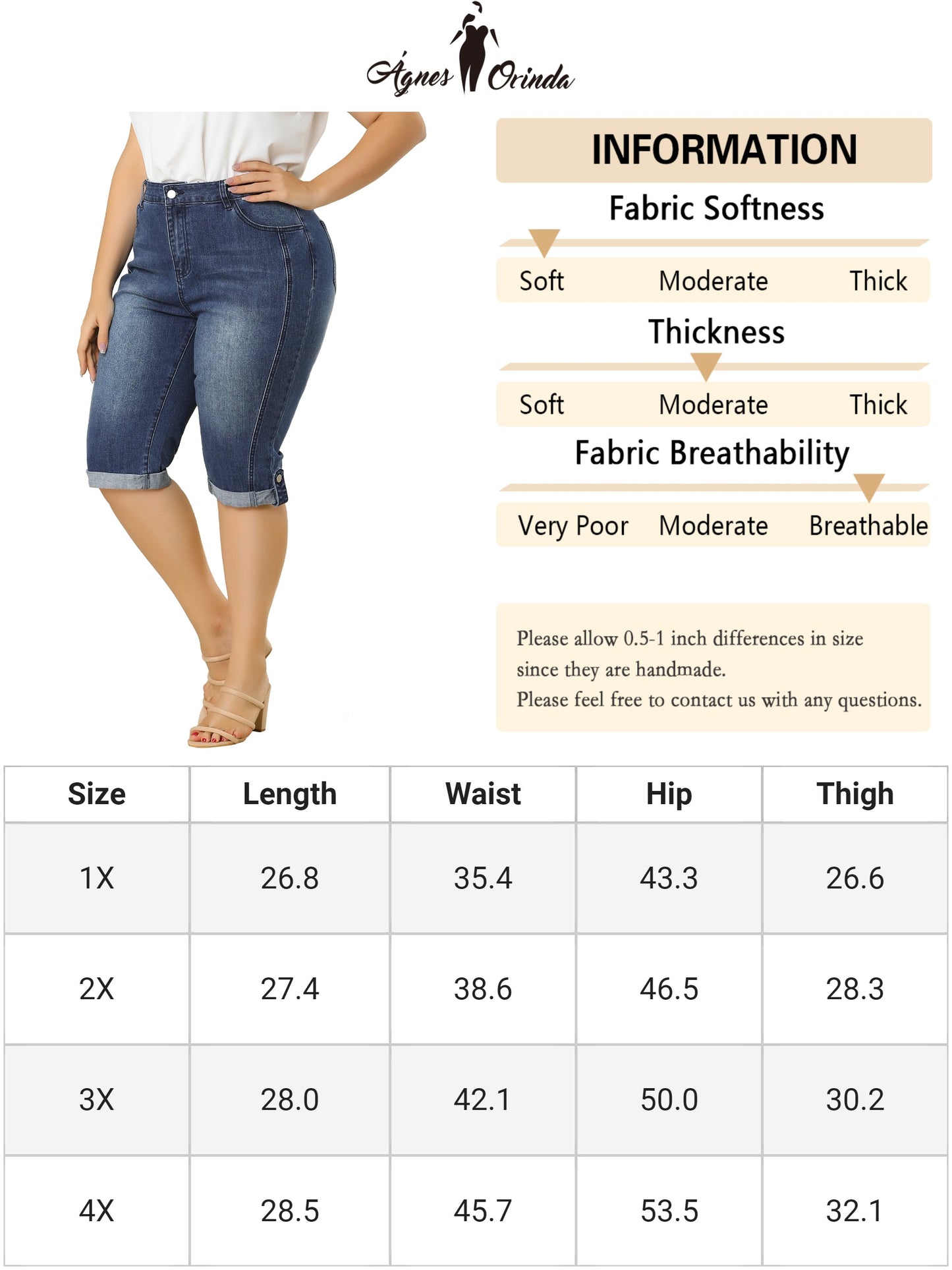 Women's Plus Size Capri Denim Jeans Mid-Rise Fit Curvy Stretch Skinny Jean Capris with Pocket