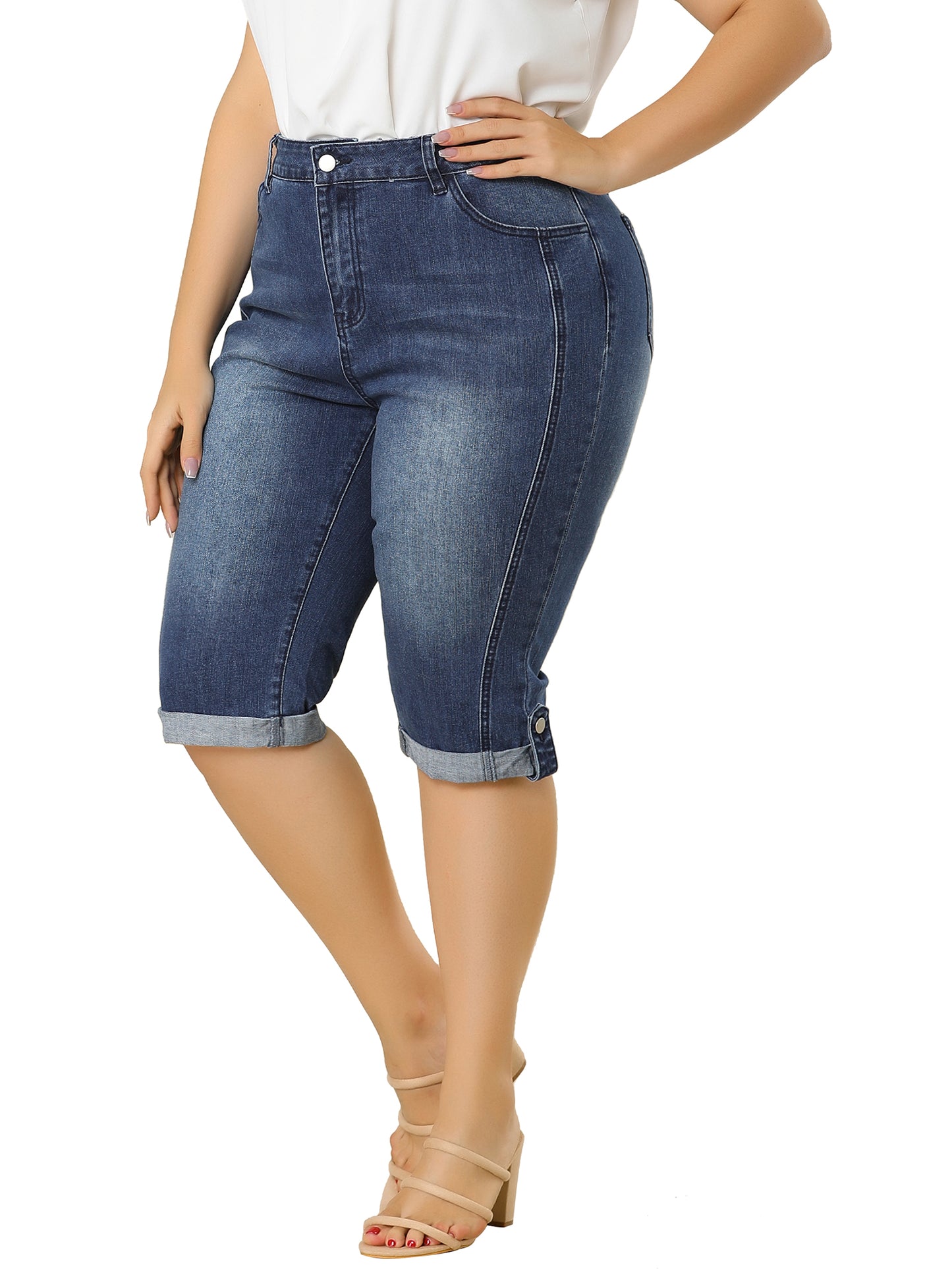 Women's Plus Size Capri Denim Jeans Mid-Rise Fit Curvy Stretch Skinny Jean Capris with Pocket