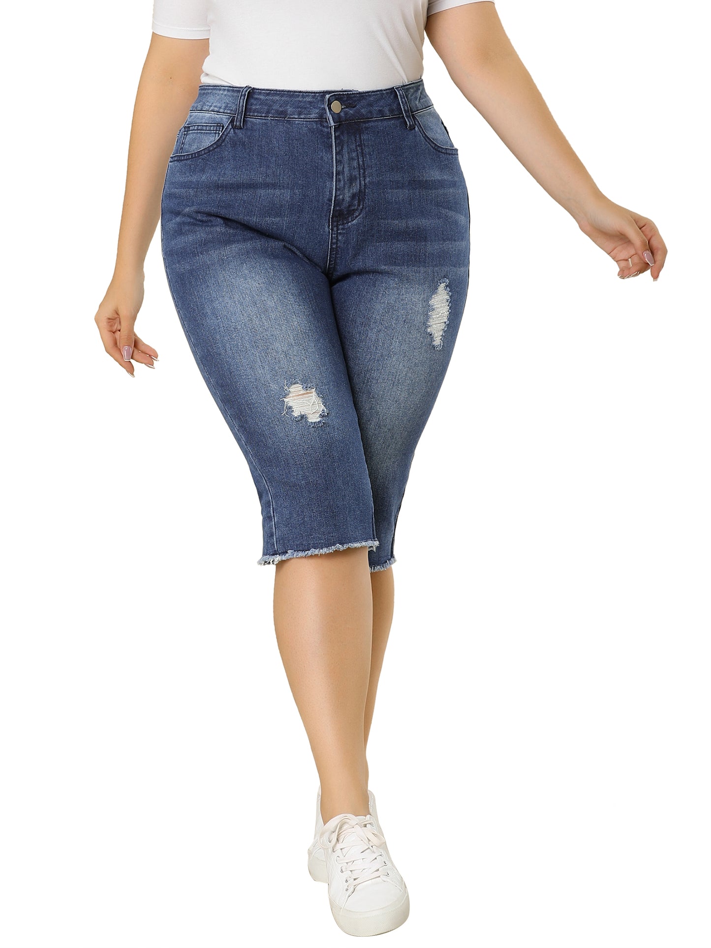 Women Plus Size Jeans Ripped Slash Pocket Raw Hem Jean Jeggings Denim Capri Shorts