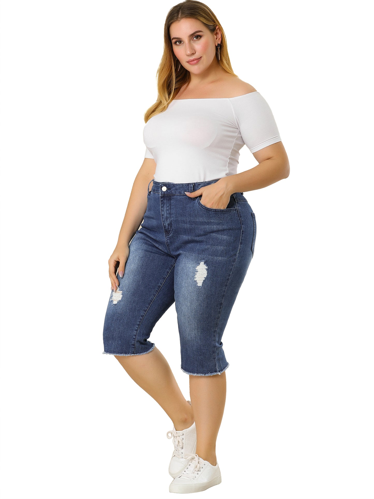 Women Plus Size Jeans Ripped Slash Pocket Raw Hem Jean Jeggings Denim Capri Shorts