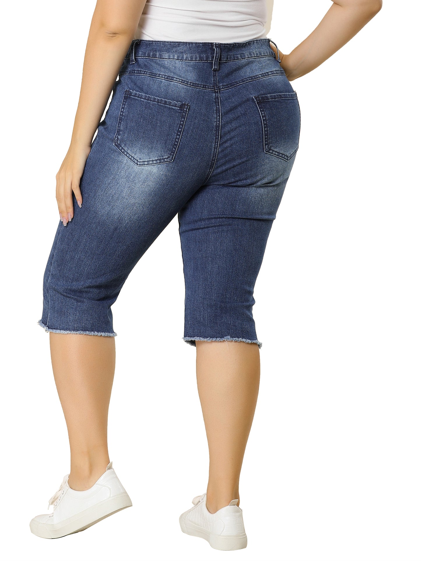 Women Plus Size Jeans Ripped Slash Pocket Raw Hem Jean Jeggings Denim Capri Shorts