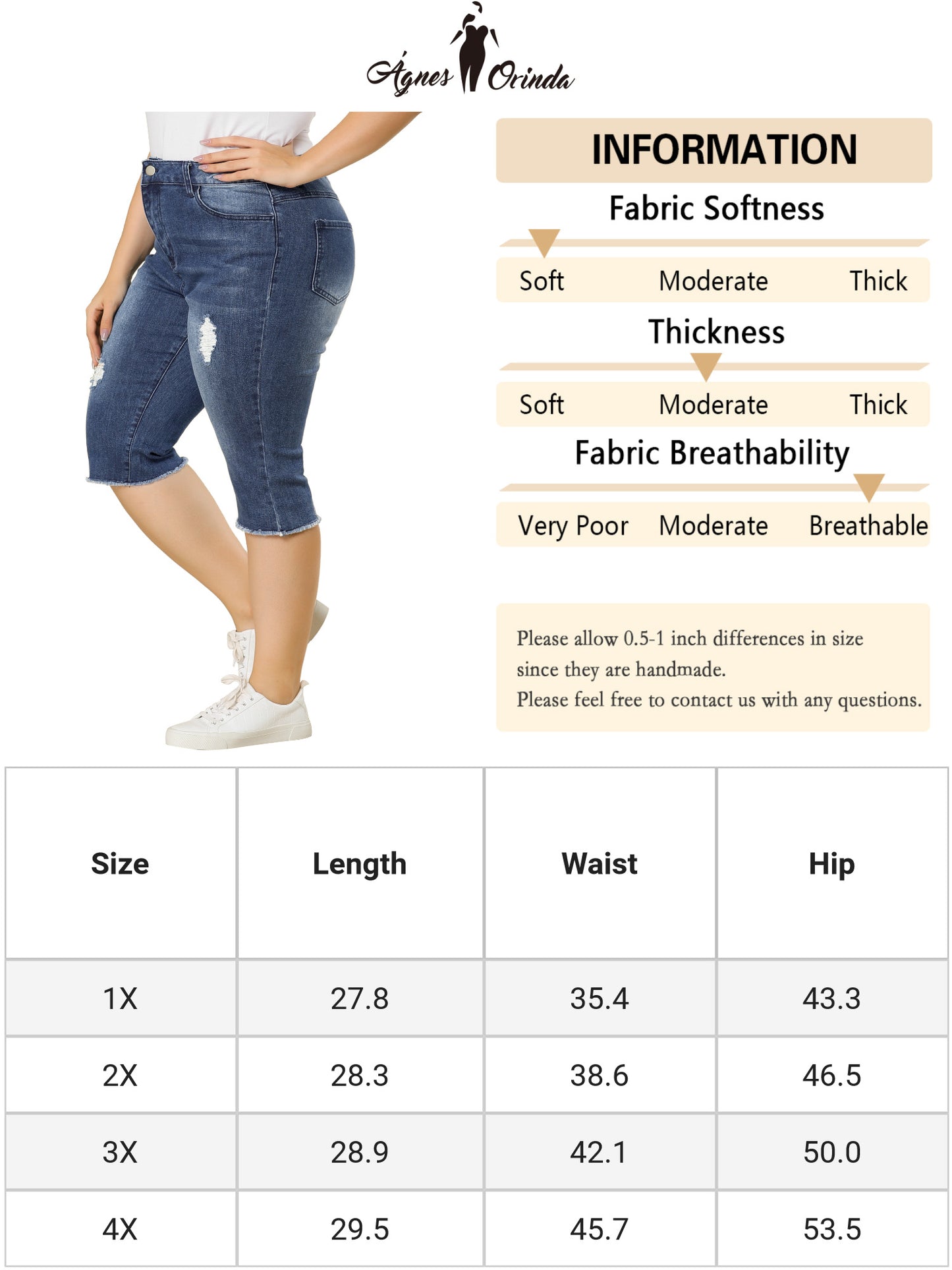 Women Plus Size Jeans Ripped Slash Pocket Raw Hem Jean Jeggings Denim Capri Shorts