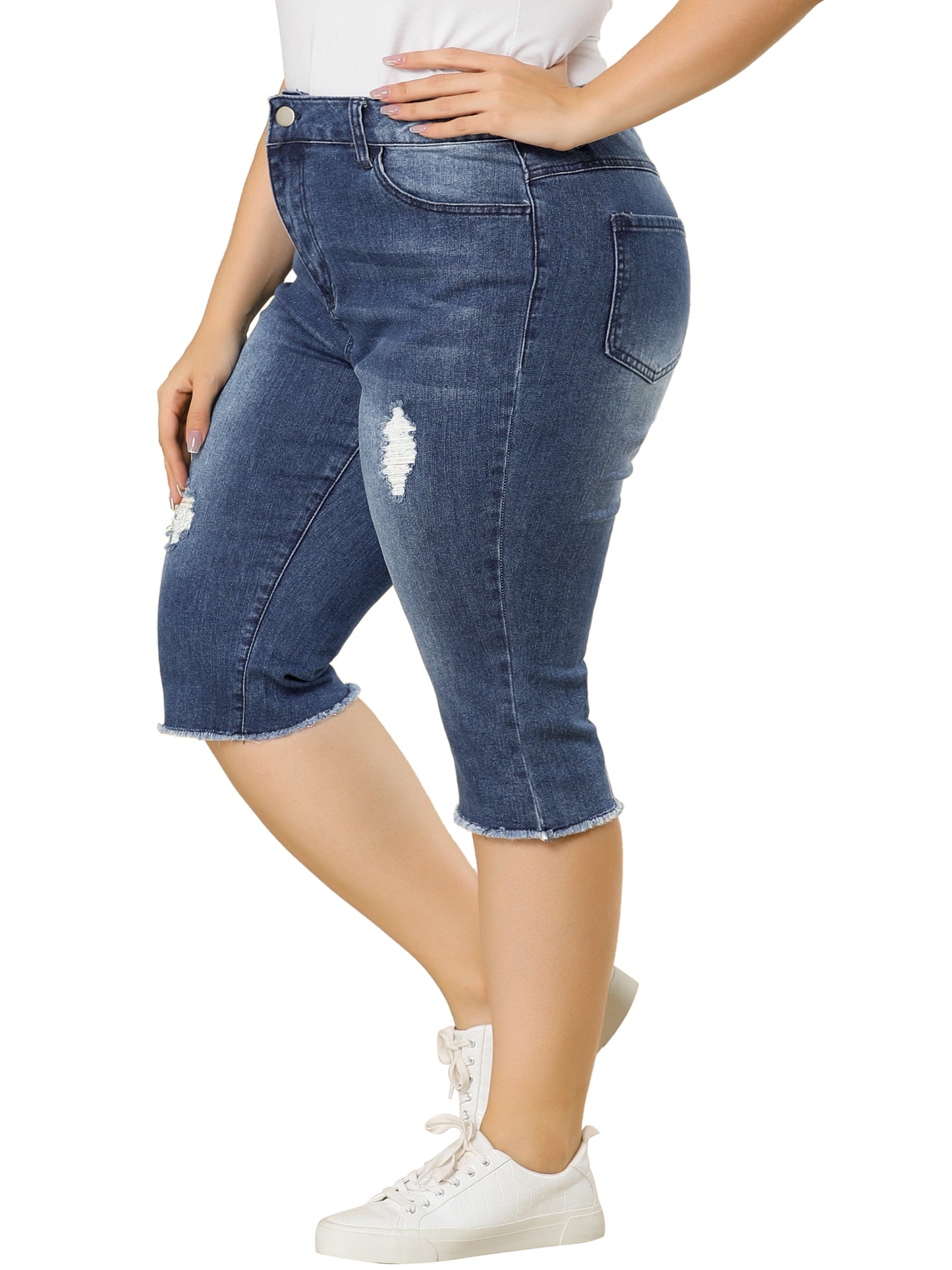 Women Plus Size Jeans Ripped Slash Pocket Raw Hem Jean Jeggings Denim Capri Shorts