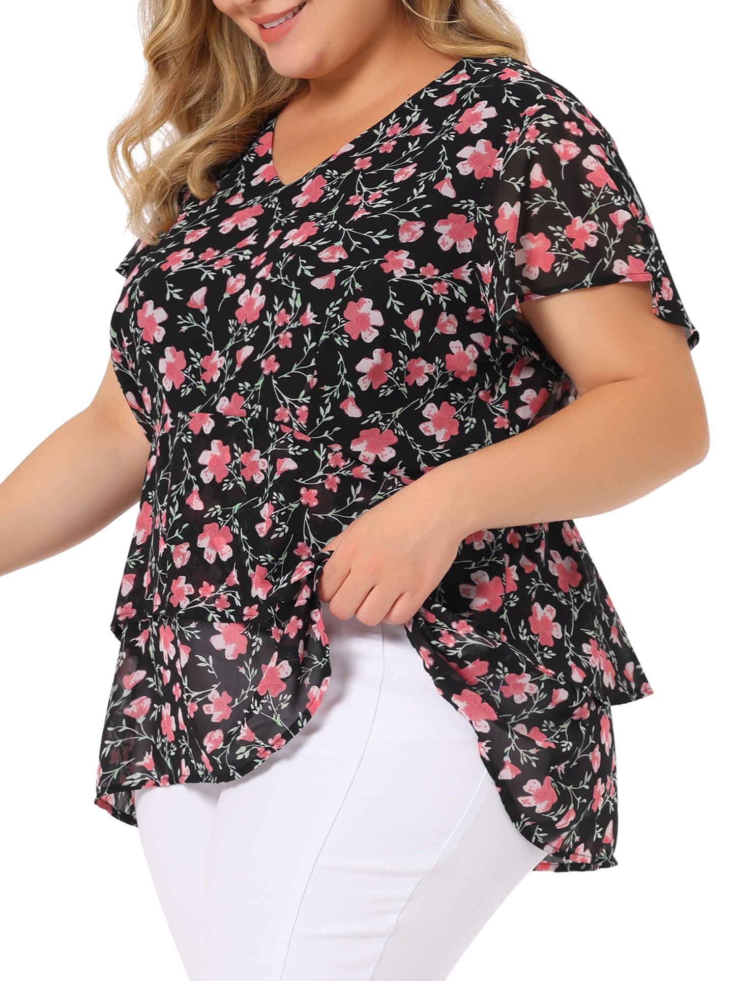 Women Plus Size Summe Tops V Neck Short Sleeve layered Floral Blouse