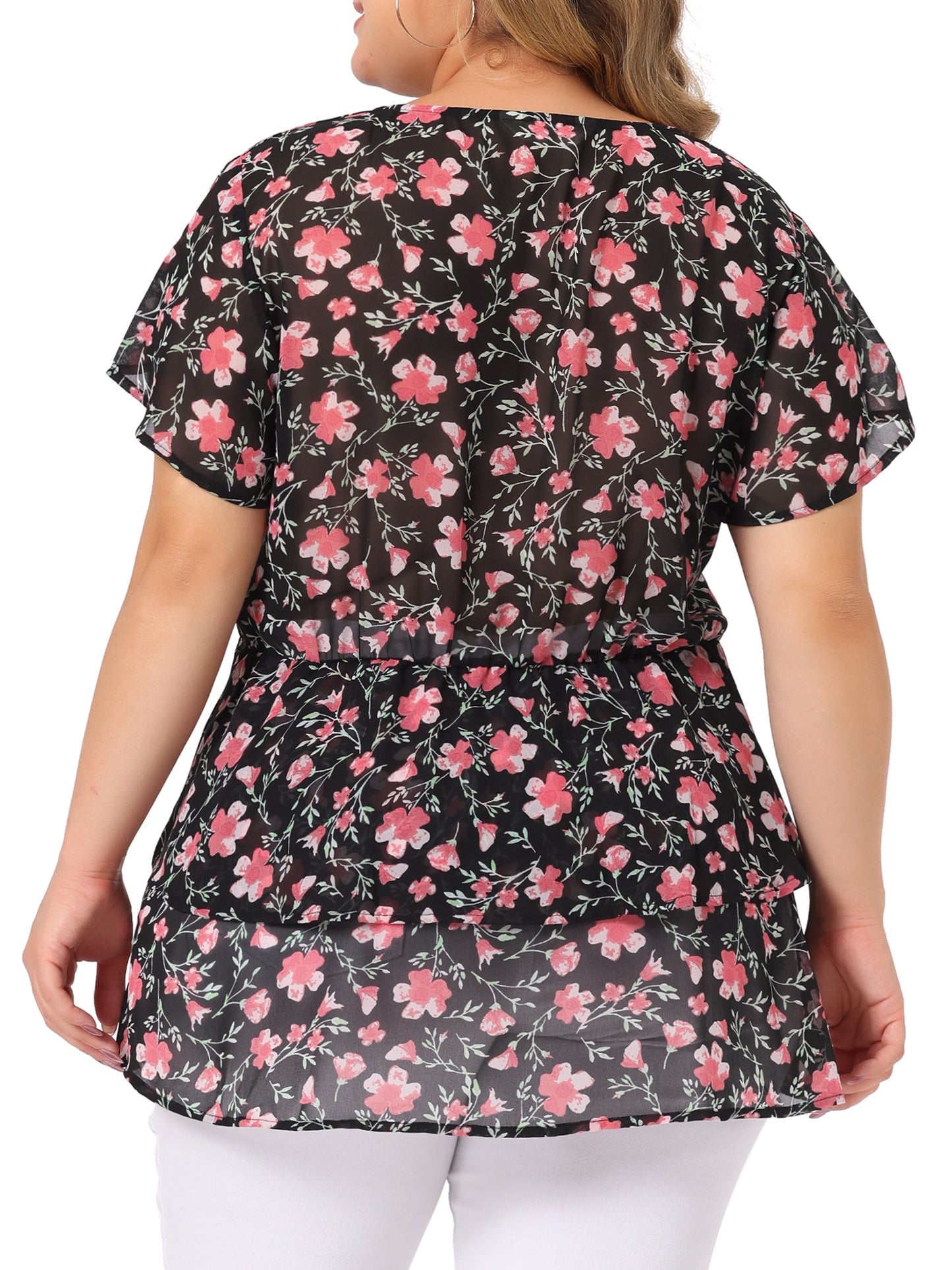 Women Plus Size Summe Tops V Neck Short Sleeve layered Floral Blouse