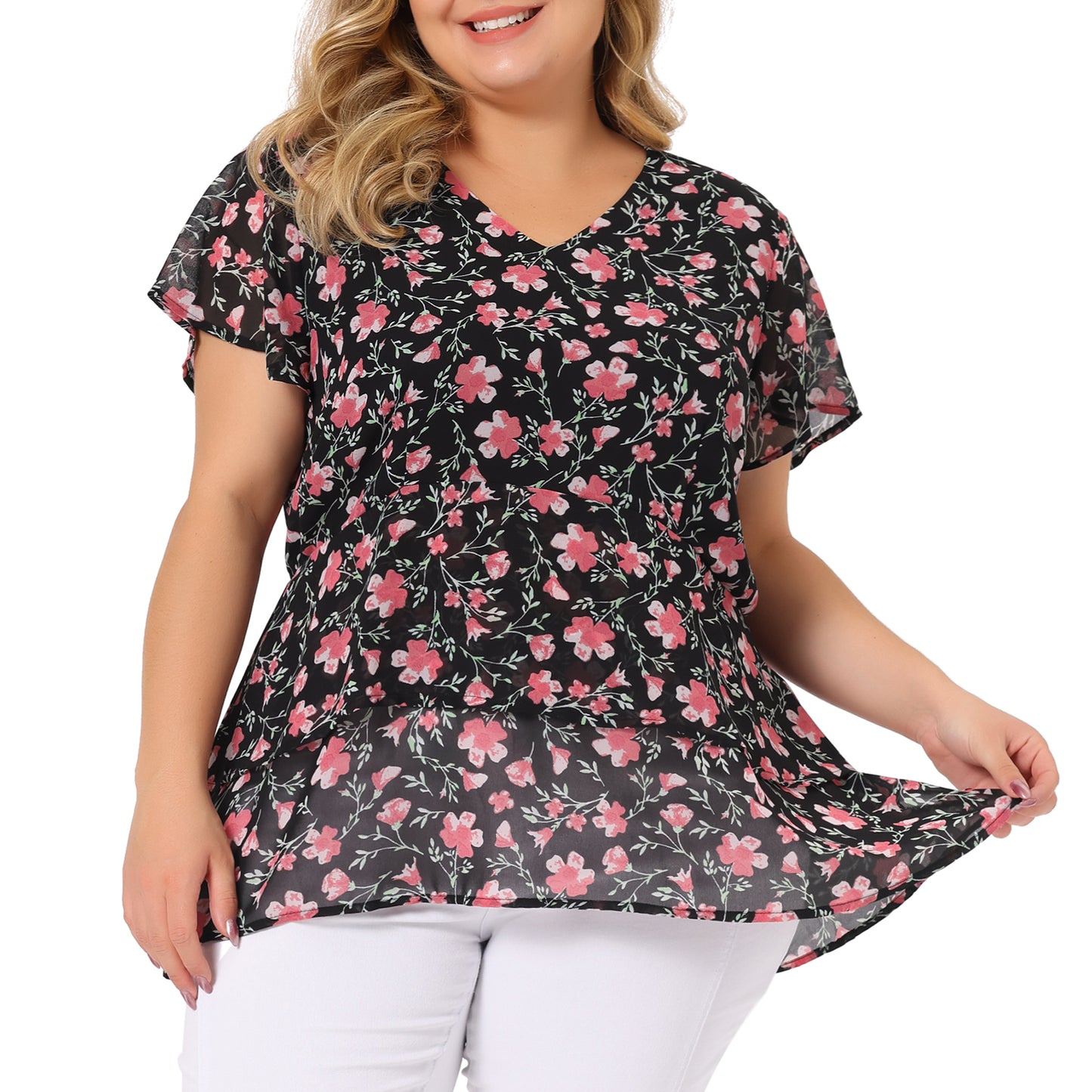 Women Plus Size Summe Tops V Neck Short Sleeve layered Floral Blouse