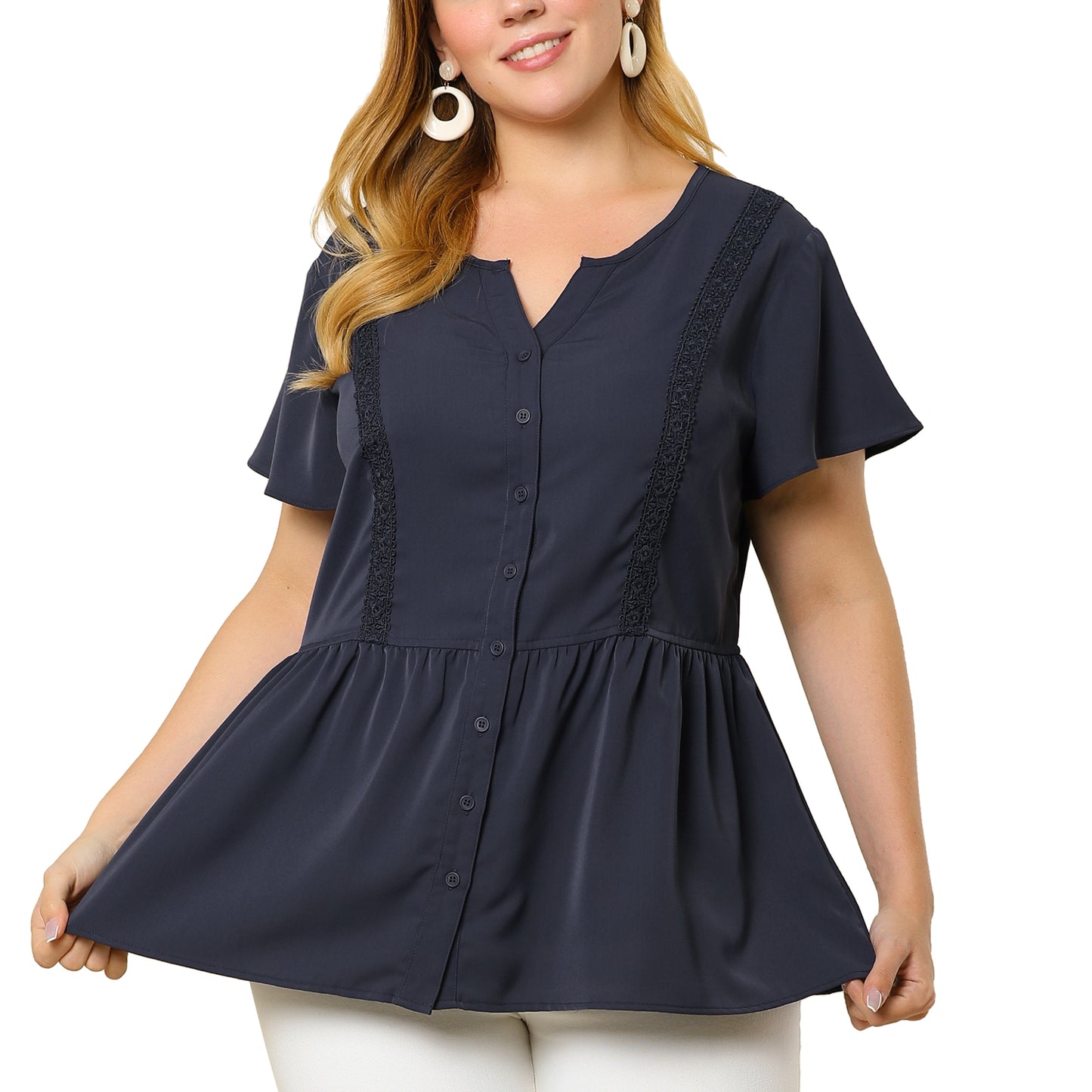 Women Plus Size Blouse Shirt Button Down V Neck Short Sleeve Flare Peplum Top