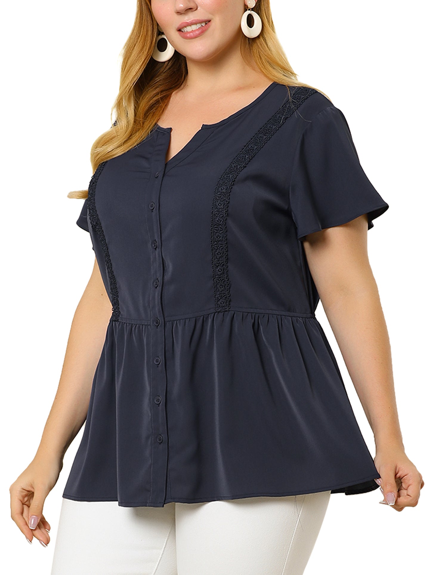 Women Plus Size Blouse Shirt Button Down V Neck Short Sleeve Flare Peplum Top