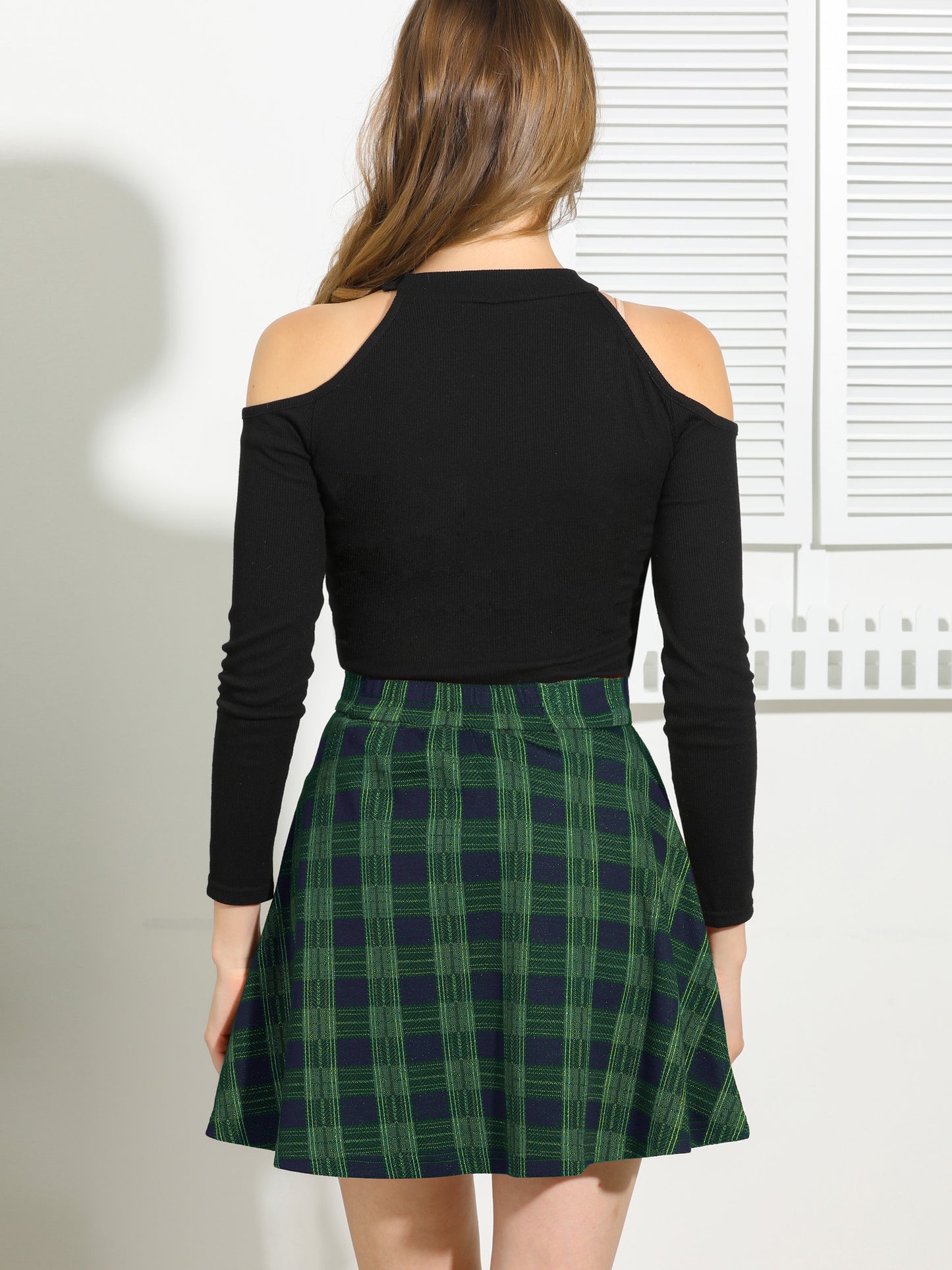 Minifalda acampanada informal de cintura alta con diseño a cuadros para mujer, con cremallera y corte A