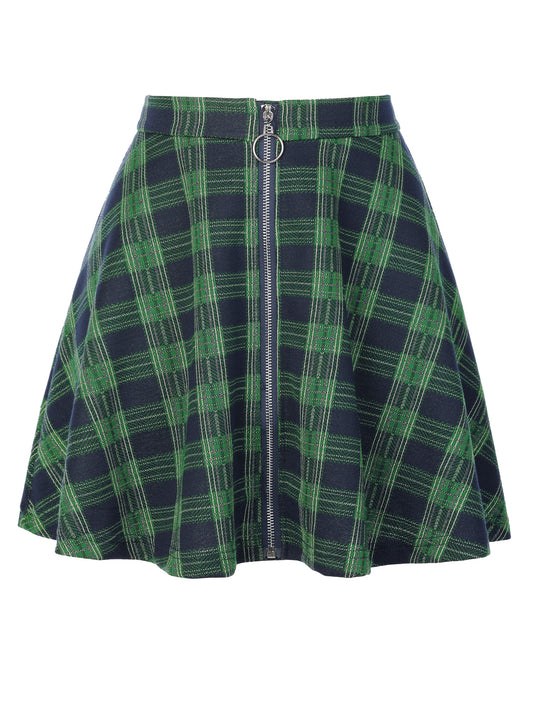 Minifalda acampanada informal de cintura alta con diseño a cuadros para mujer, con cremallera y corte A