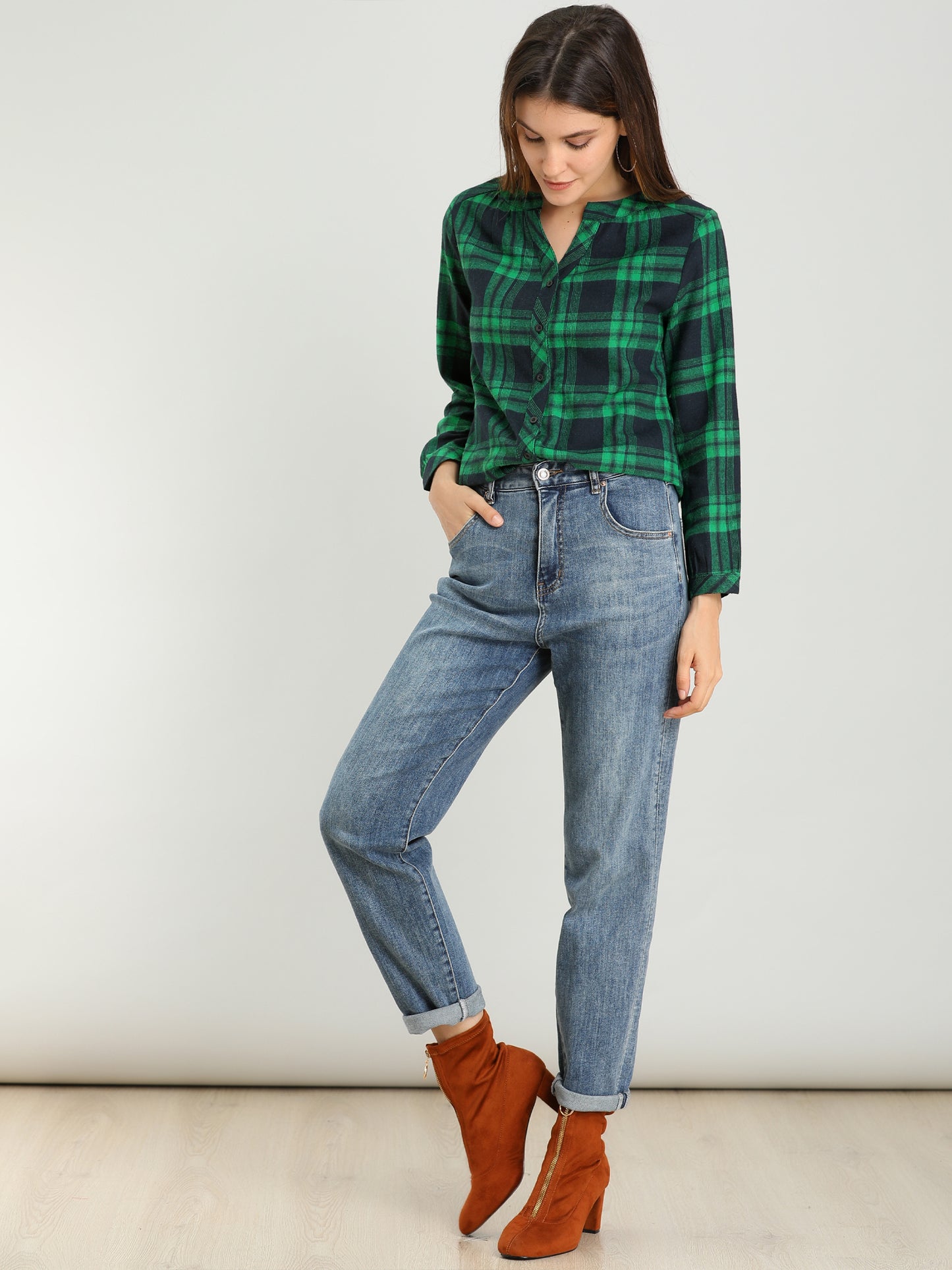 Women's Plaid Shirt Button Up V Neck Long Sleeve Top