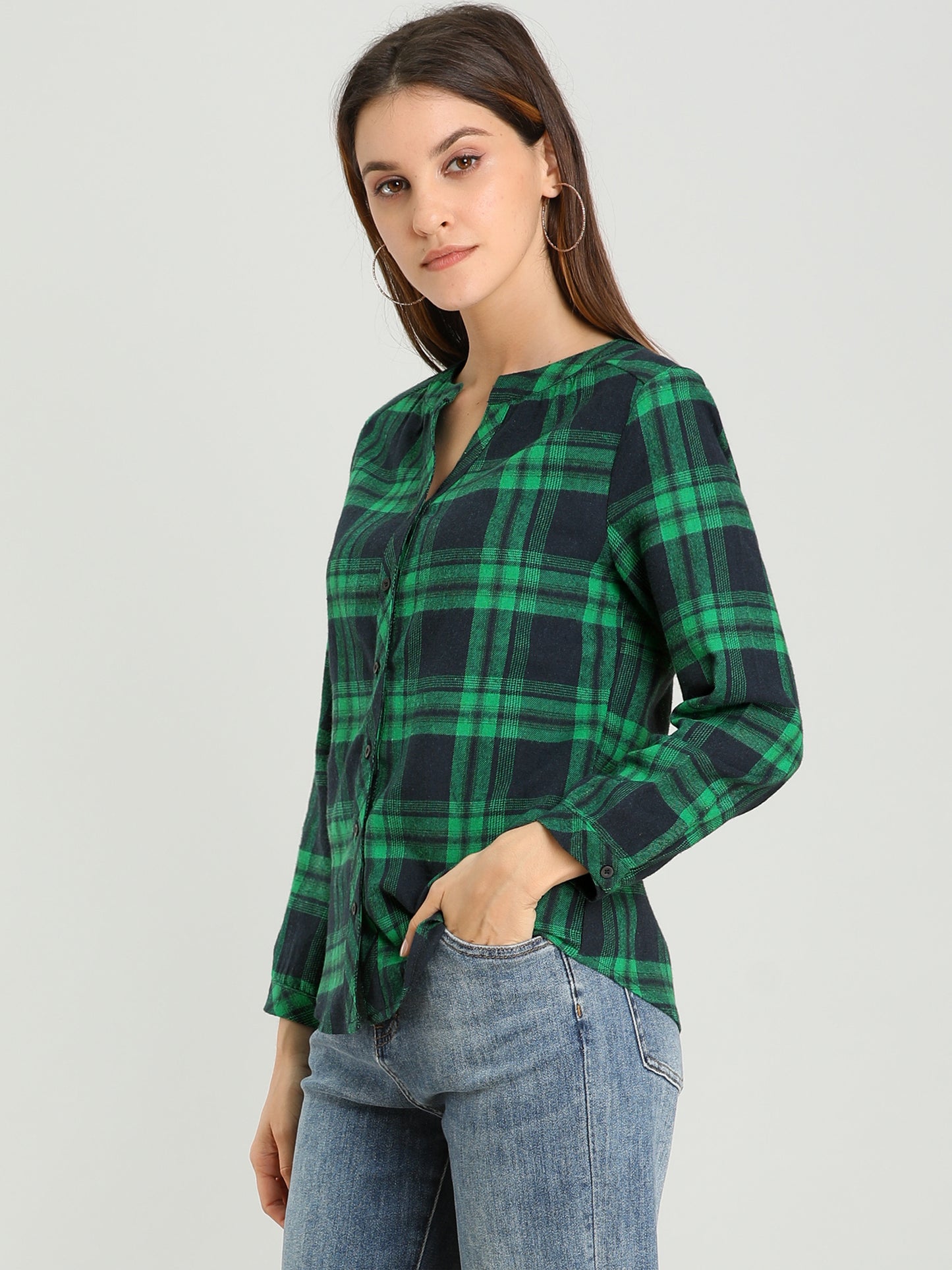 Women's Plaid Shirt Button Up V Neck Long Sleeve Top