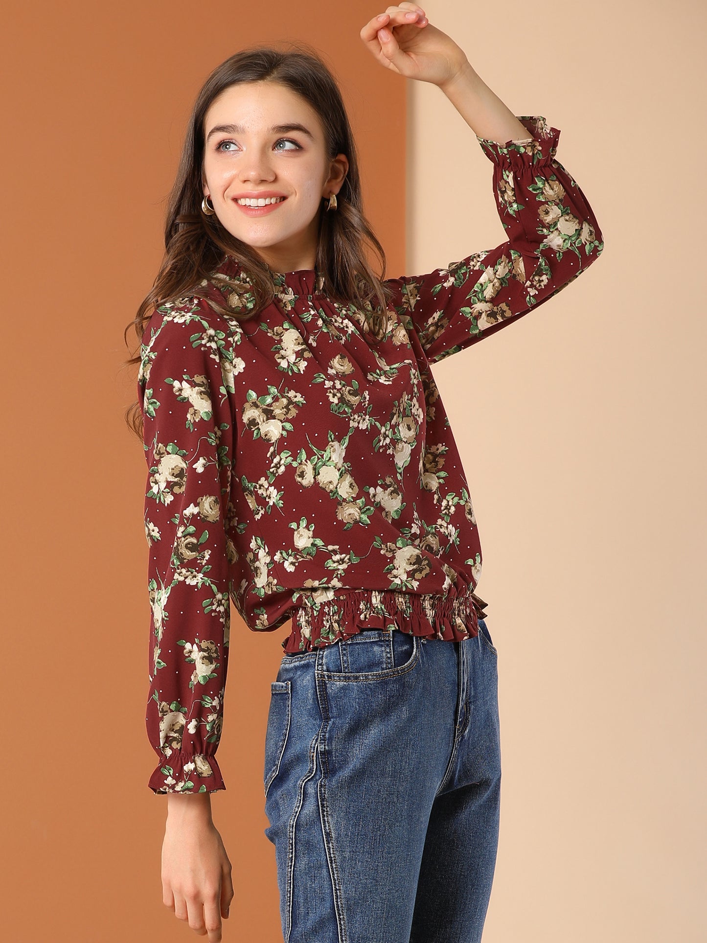 Women's Ruffled Floral Printed Vintage Collared Smocked Waist Blouse