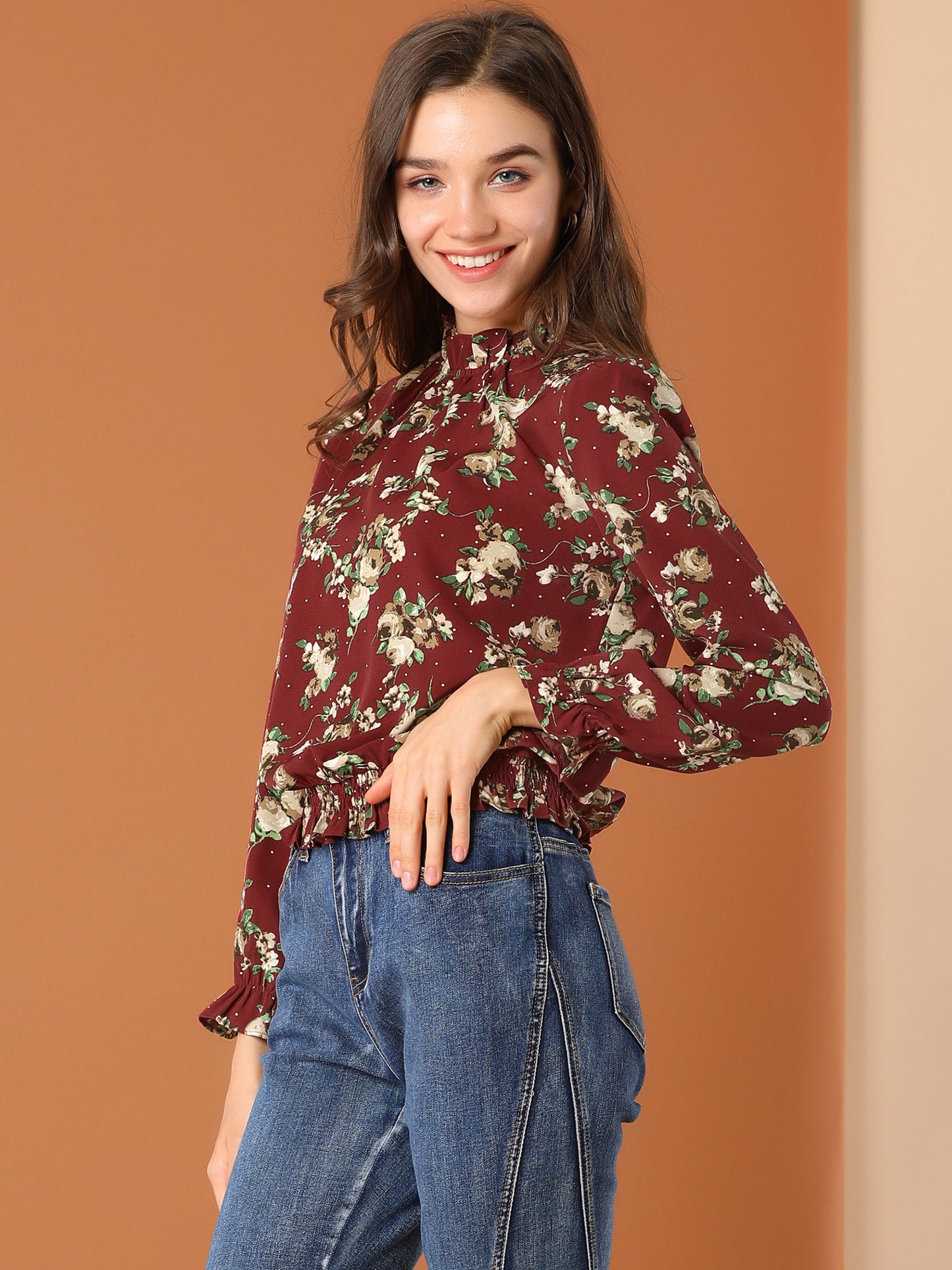 Women's Ruffled Floral Printed Vintage Collared Smocked Waist Blouse