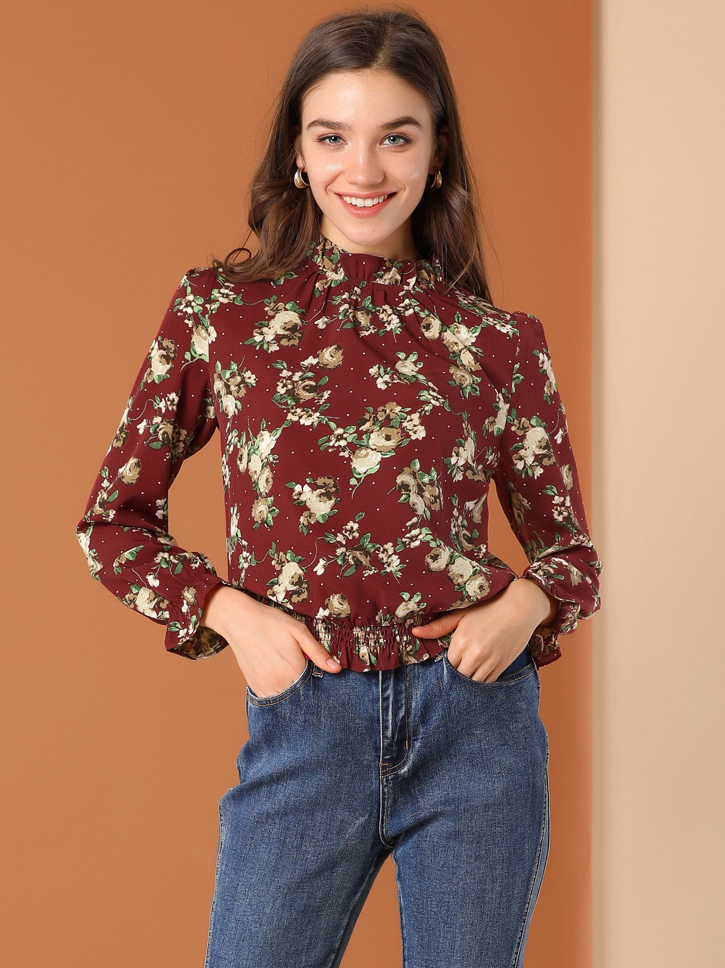 Women's Ruffled Floral Printed Vintage Collared Smocked Waist Blouse