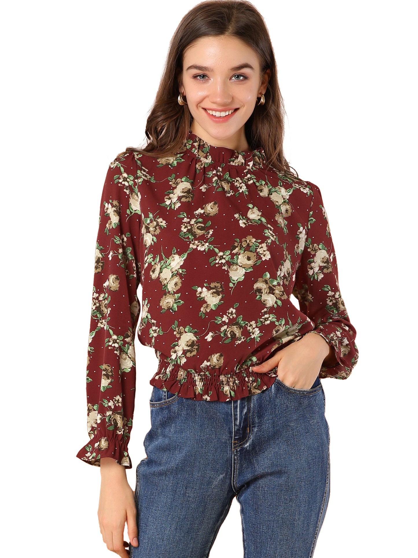 Women's Ruffled Floral Printed Vintage Collared Smocked Waist Blouse