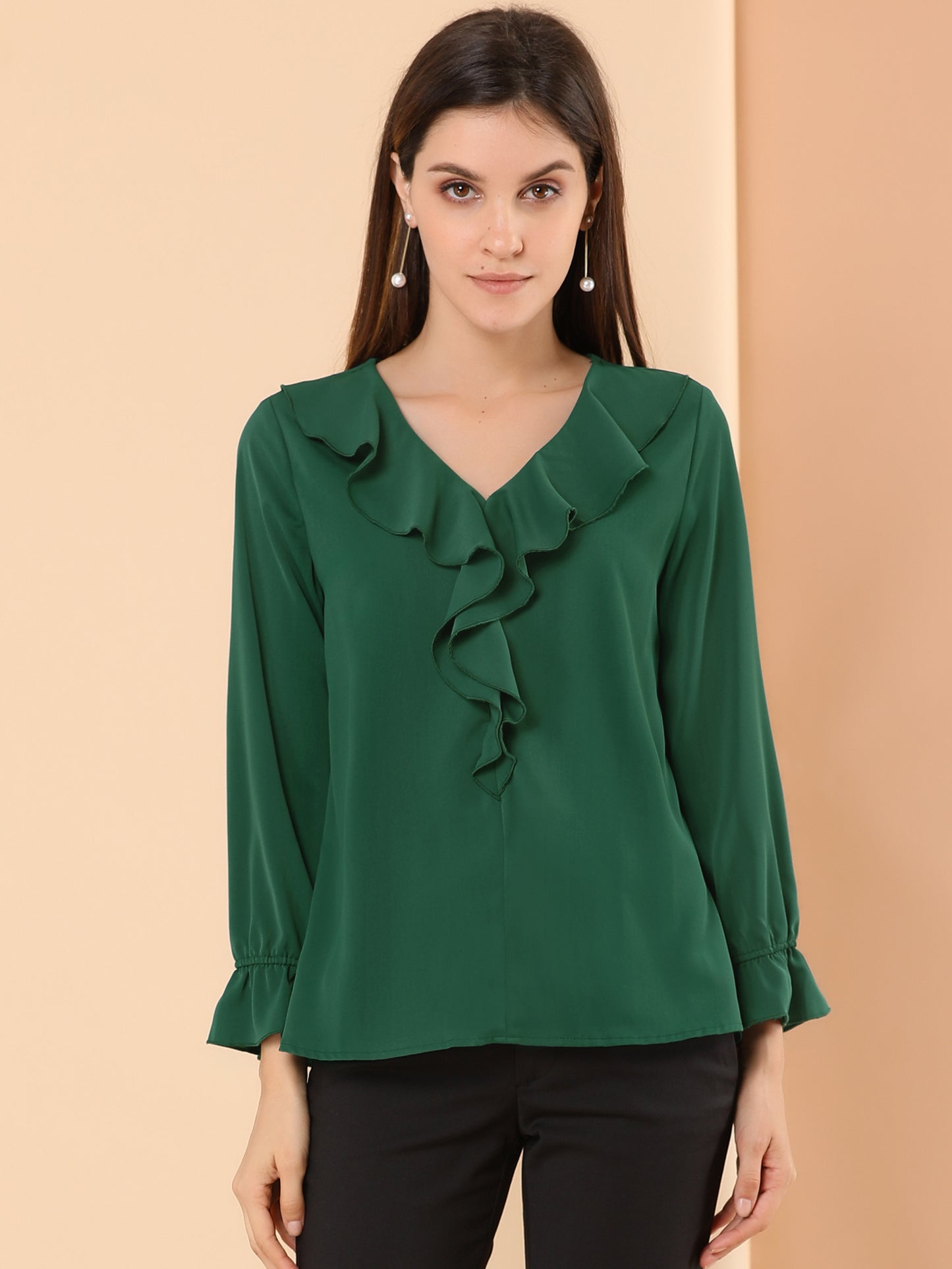 Women's Ruffle Blouse Elegant V Neck Long Sleeve Casual Dressy Top (Available in Plus Size)