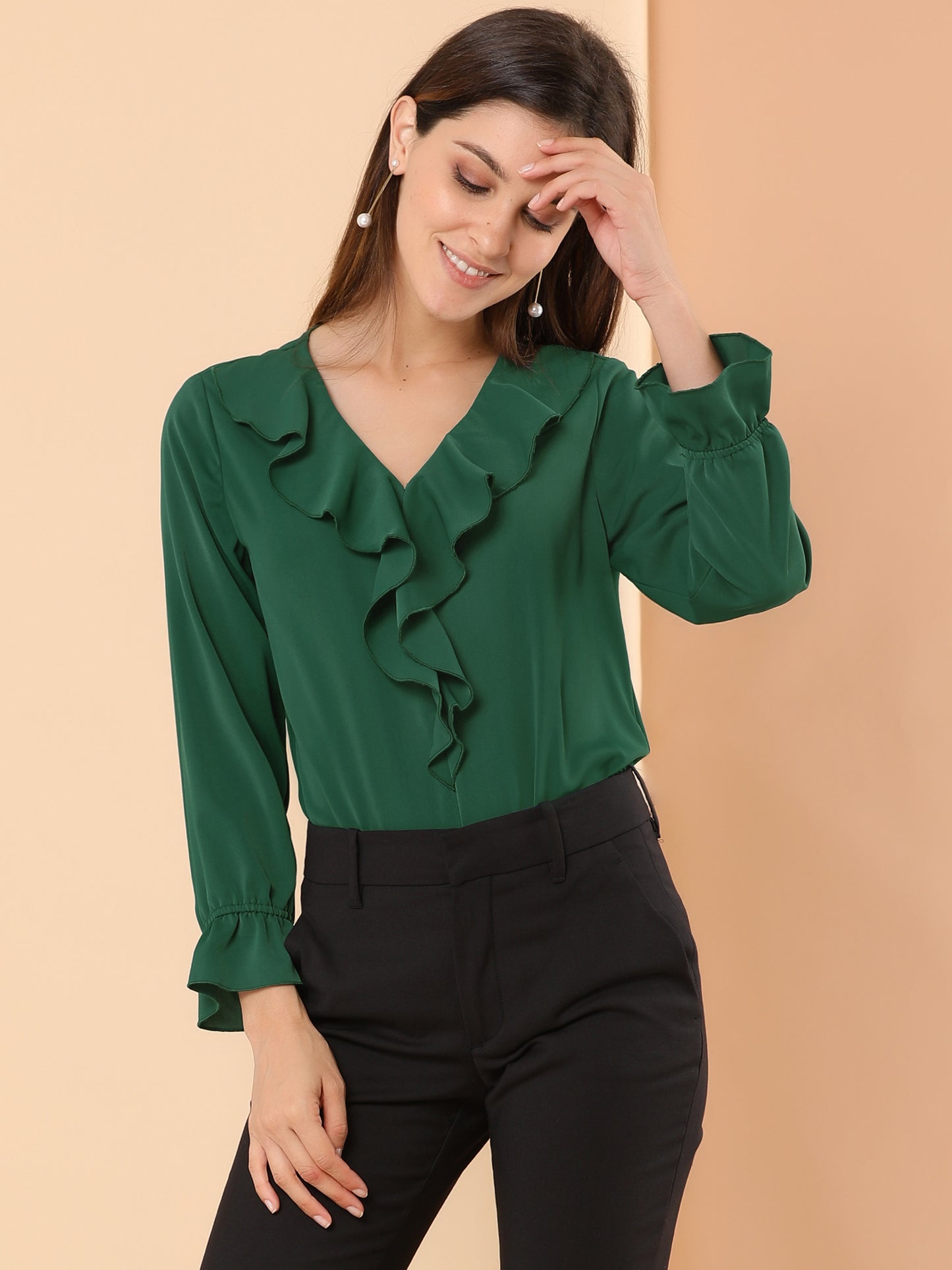 Women's Ruffle Blouse Elegant V Neck Long Sleeve Casual Dressy Top (Available in Plus Size)