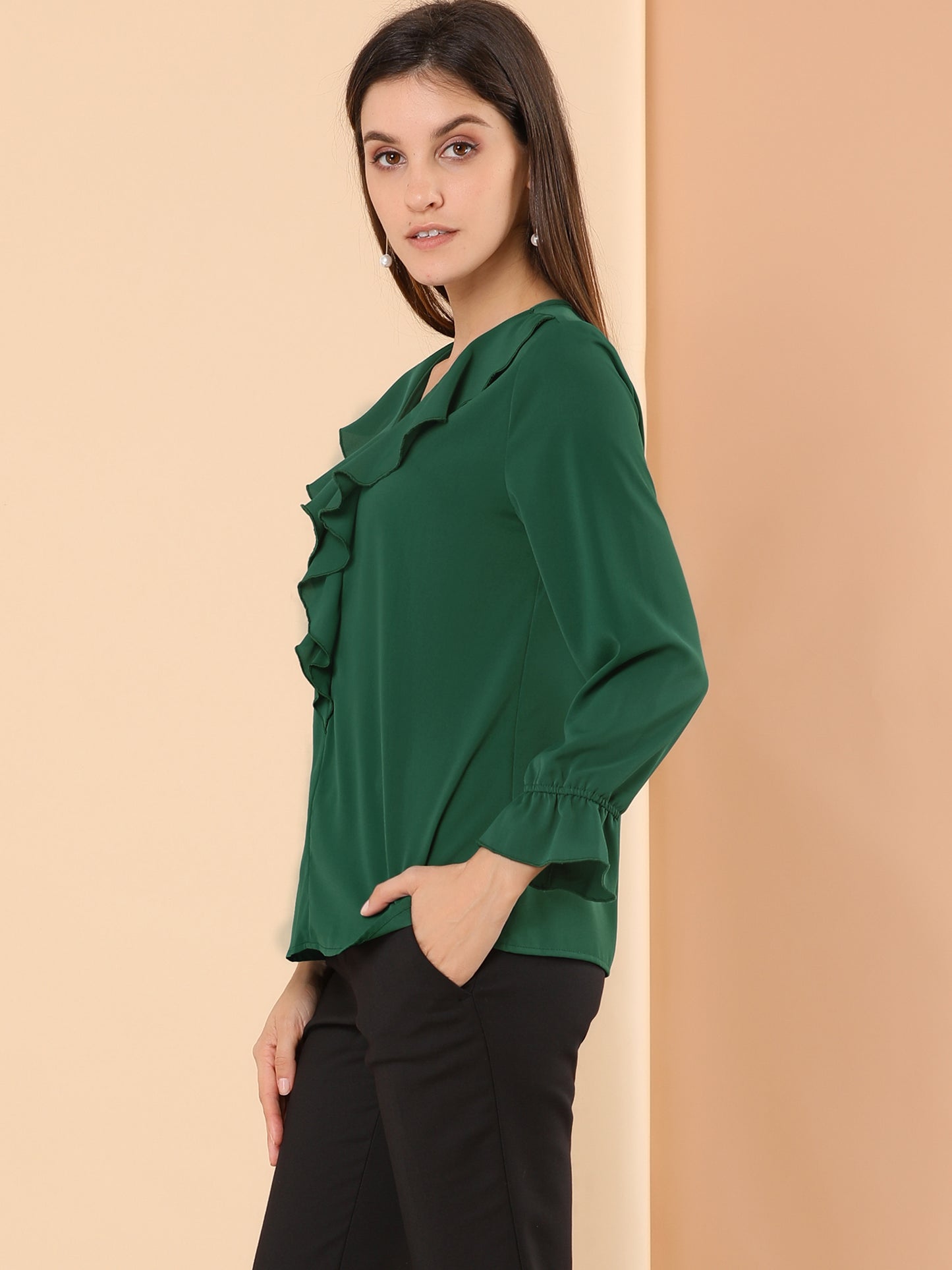 Women's Ruffle Blouse Elegant V Neck Long Sleeve Casual Dressy Top (Available in Plus Size)
