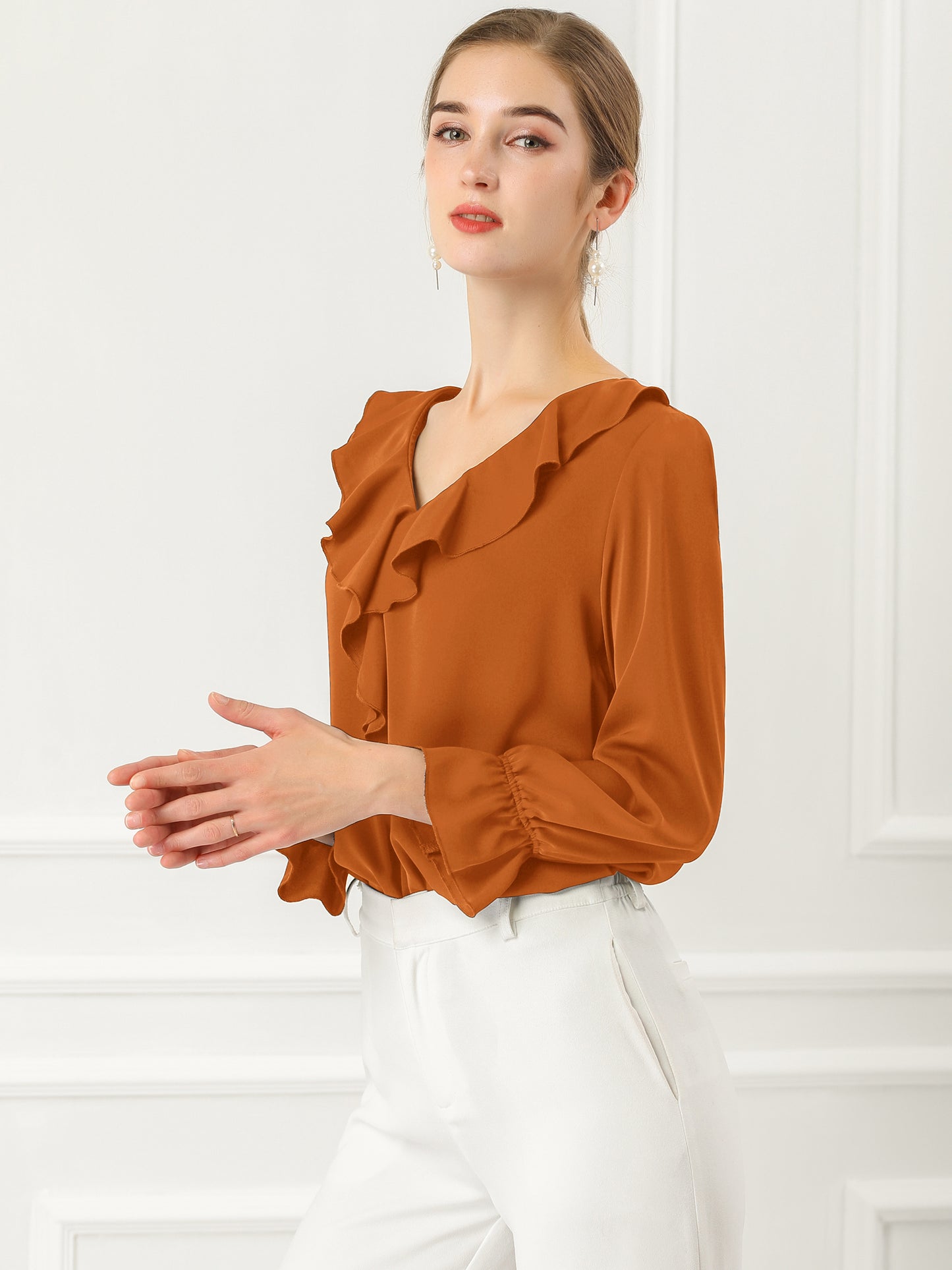 Blusa elegante con volantes para mujer, cuello en V, manga larga, informal y elegante (disponible en tallas grandes)