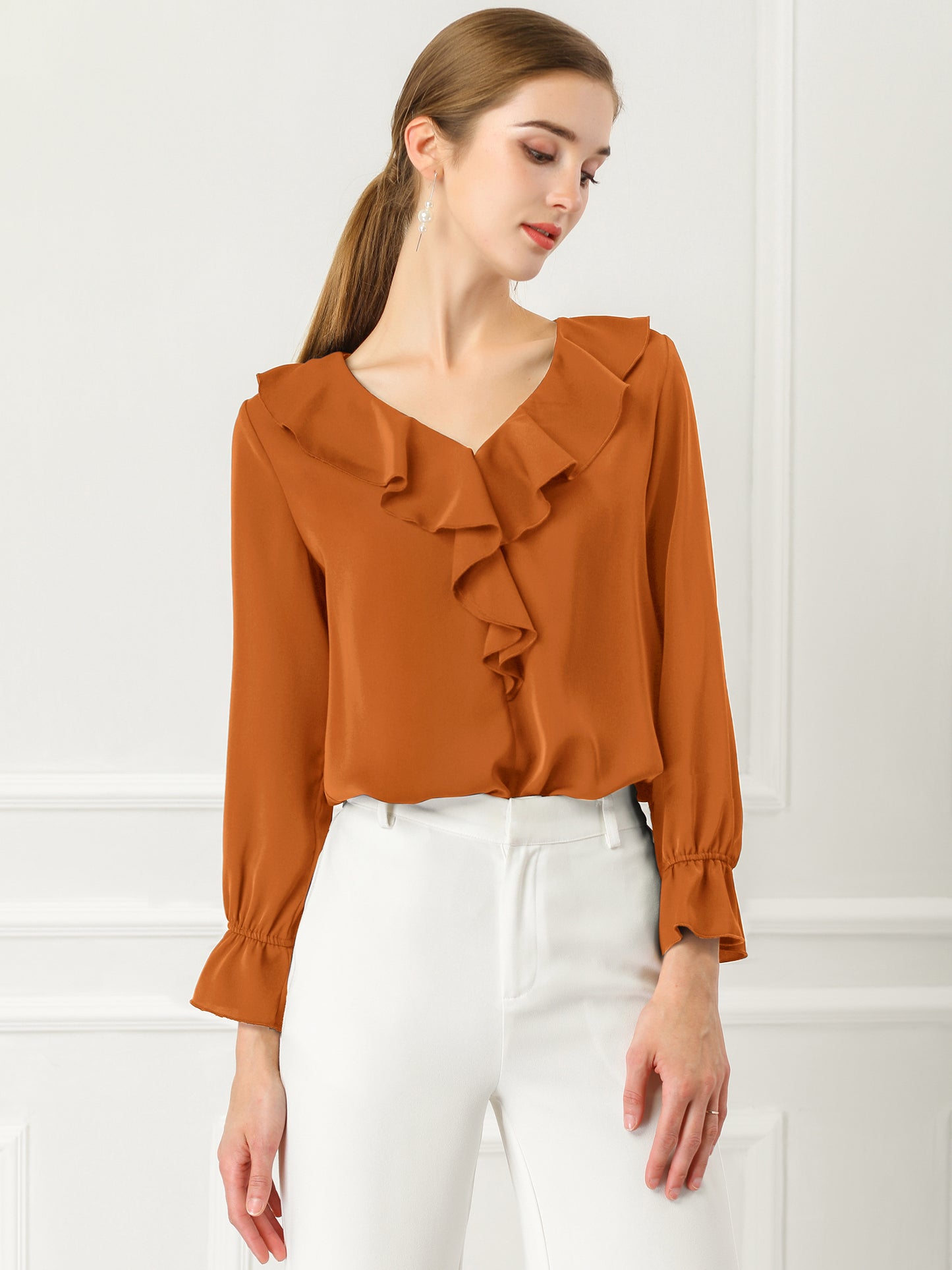 Blusa elegante con volantes para mujer, cuello en V, manga larga, informal y elegante (disponible en tallas grandes)