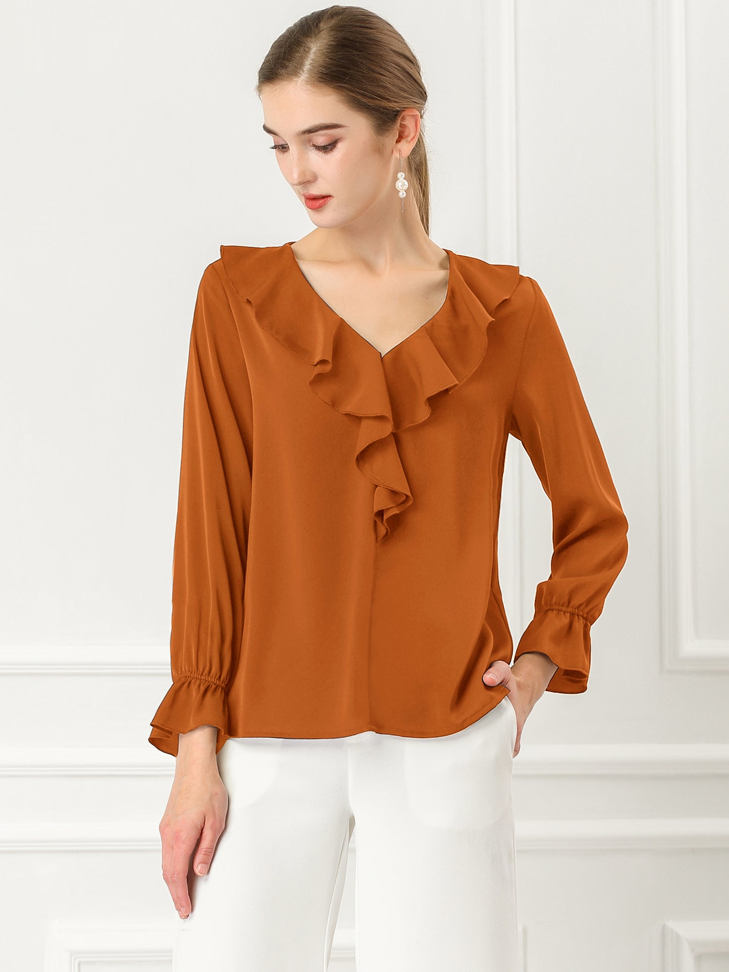 Blusa elegante con volantes para mujer, cuello en V, manga larga, informal y elegante (disponible en tallas grandes)
