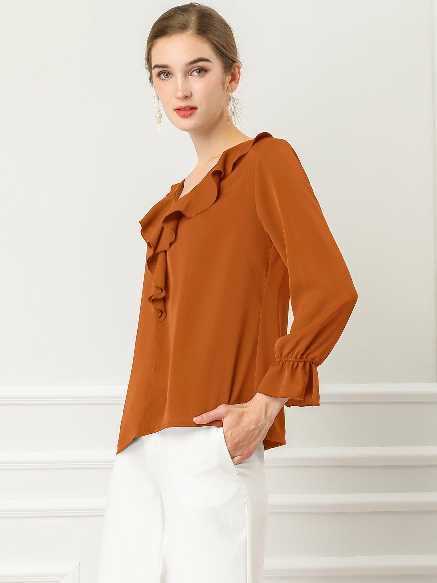 Blusa elegante con volantes para mujer, cuello en V, manga larga, informal y elegante (disponible en tallas grandes)