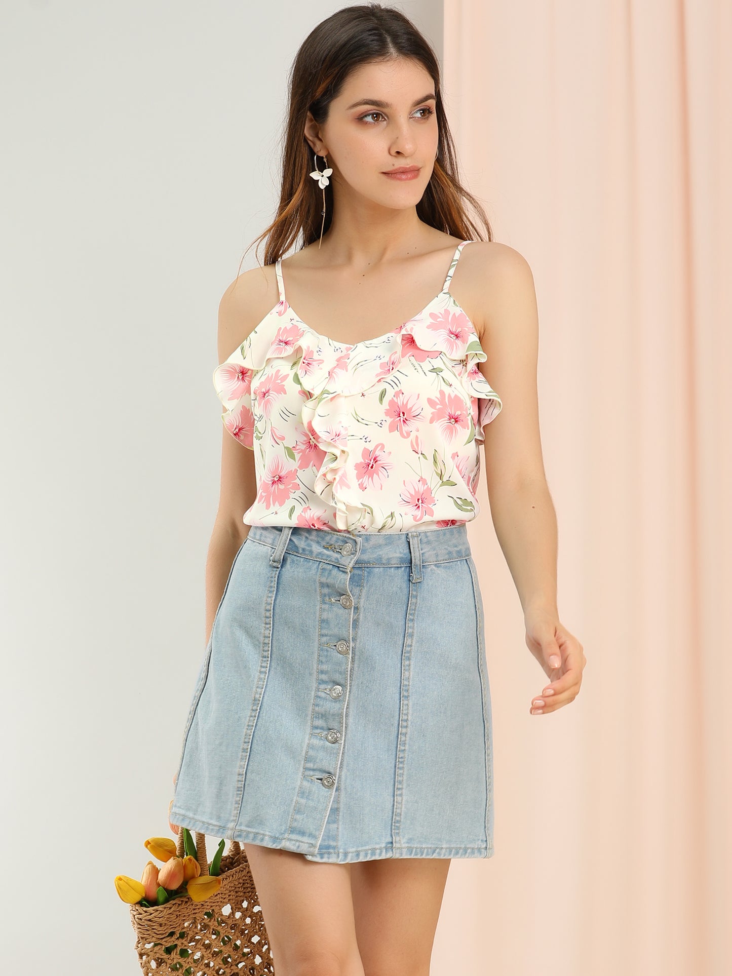 Women's Ruffle Spaghetti Strap Tank Floral Cami Top