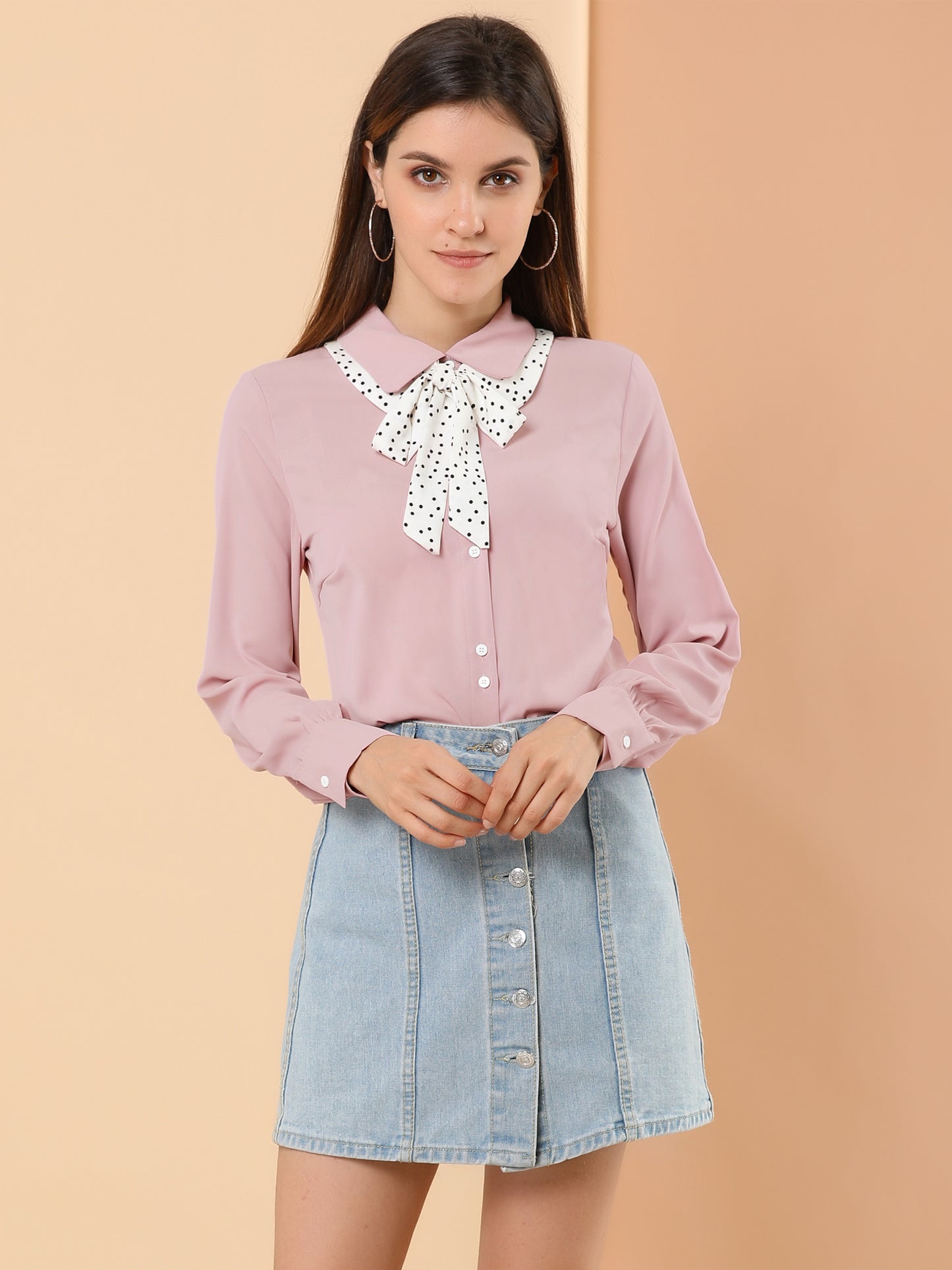 Women's Peter Pan Collar Long Sleeve Button Up Bow Tie Collar Shirt