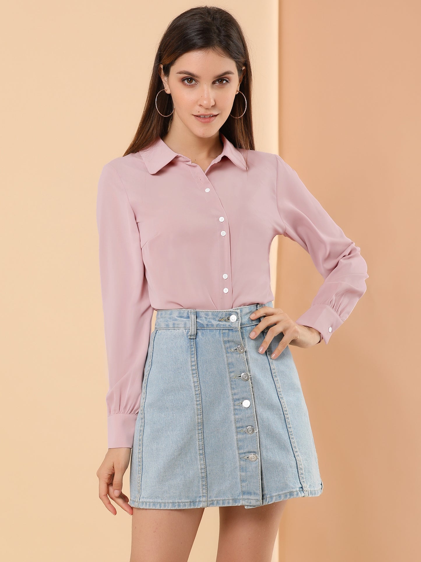 Women's Peter Pan Collar Long Sleeve Button Up Bow Tie Collar Shirt