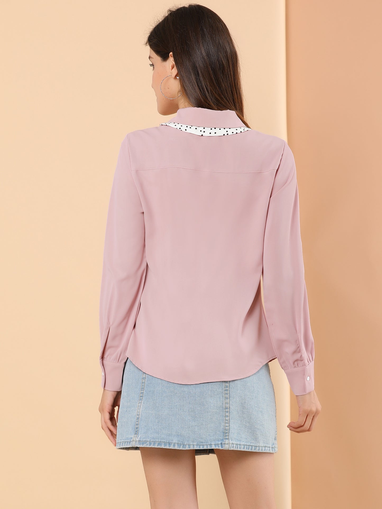 Women's Peter Pan Collar Long Sleeve Button Up Bow Tie Collar Shirt