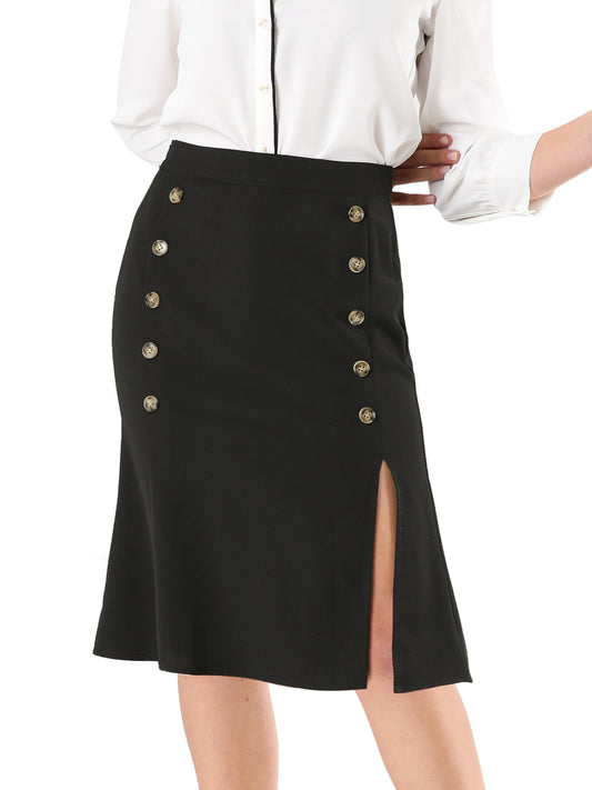 Falda de oficina con abertura y cintura elástica con botones decorativos para mujer