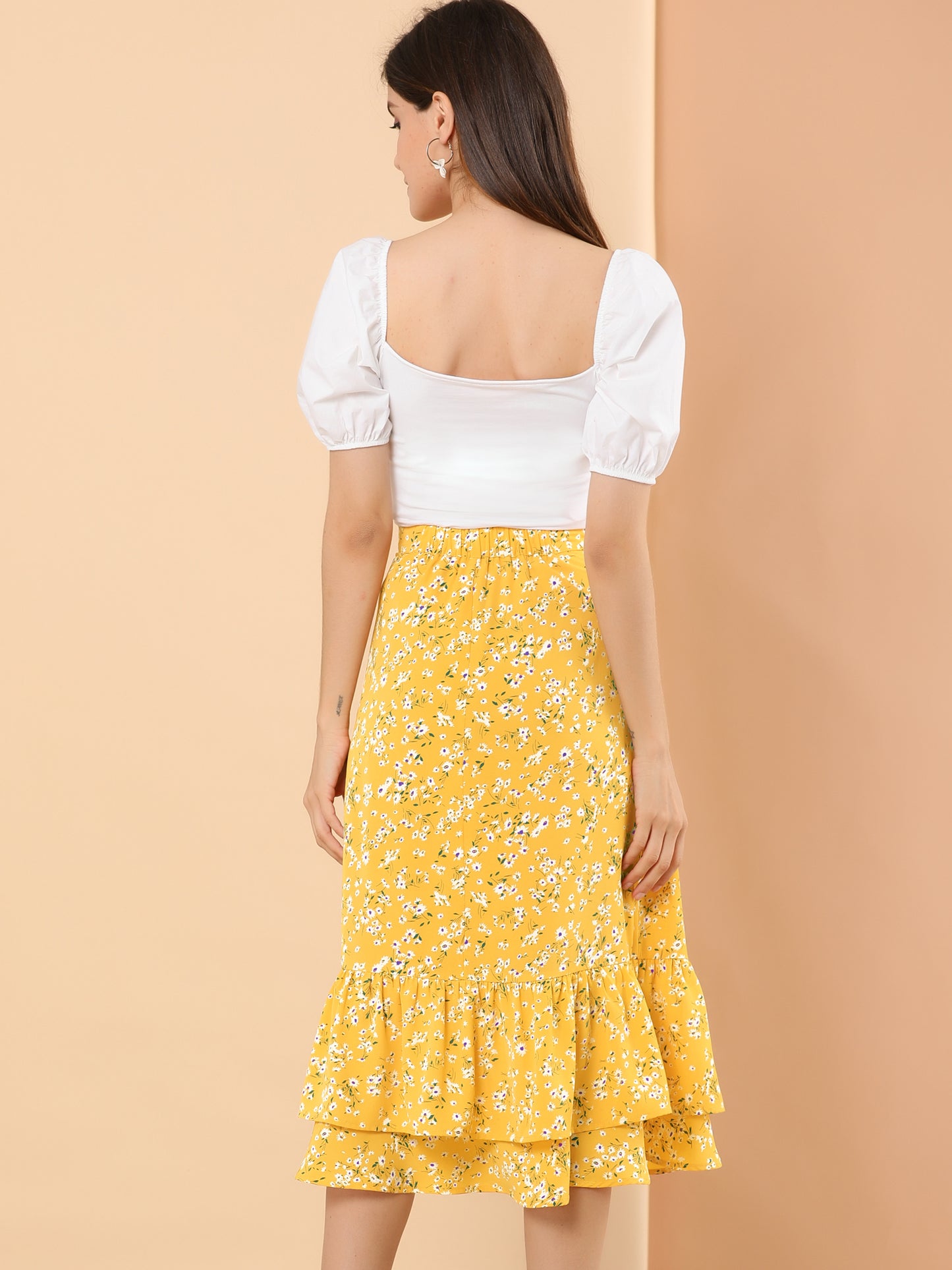 Falda midi holgada de gasa con volantes y estampado de verano para mujer