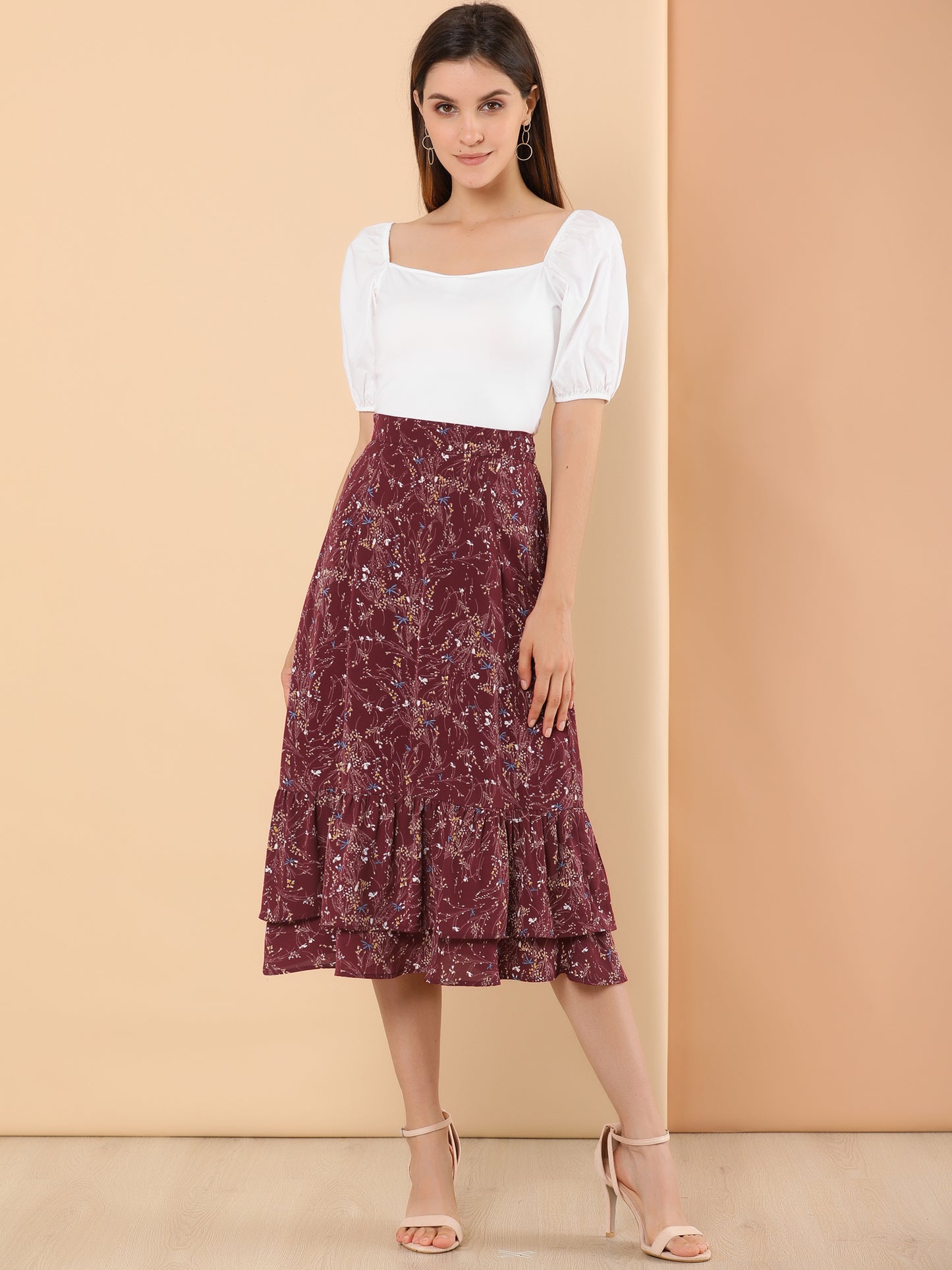 Women's Printed Skirt Summer Chiffon Ruffle Tiered Flowy Midi Skirt
