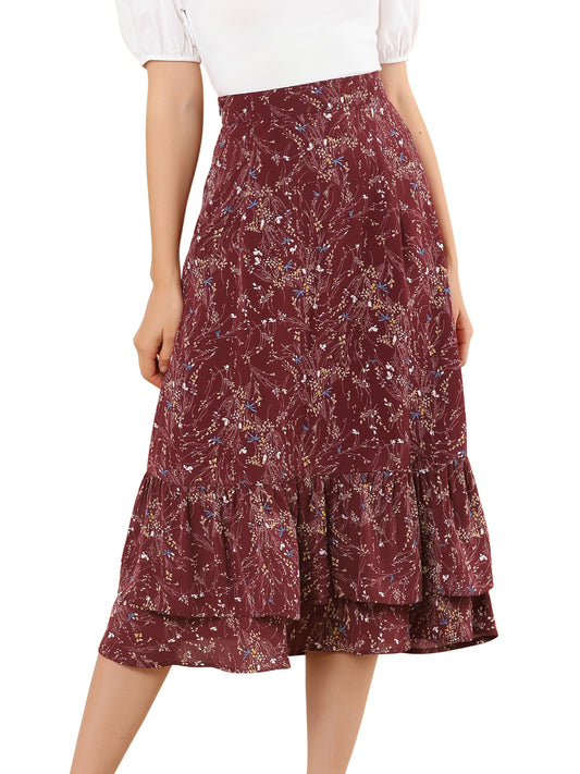 Women's Printed Skirt Summer Chiffon Ruffle Tiered Flowy Midi Skirt