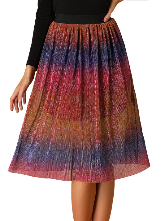 Women's Rainbow Elastic Waist Metallic Shiny Swing Party Skirt