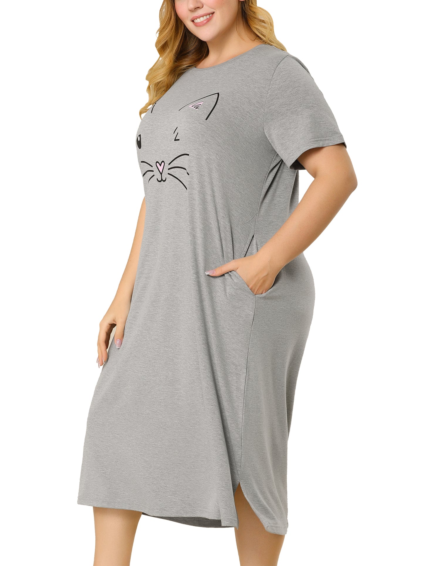 Women's Plus Size Nightgowns Pajama Dress Cute Cat Loose Loungewear with Pockets