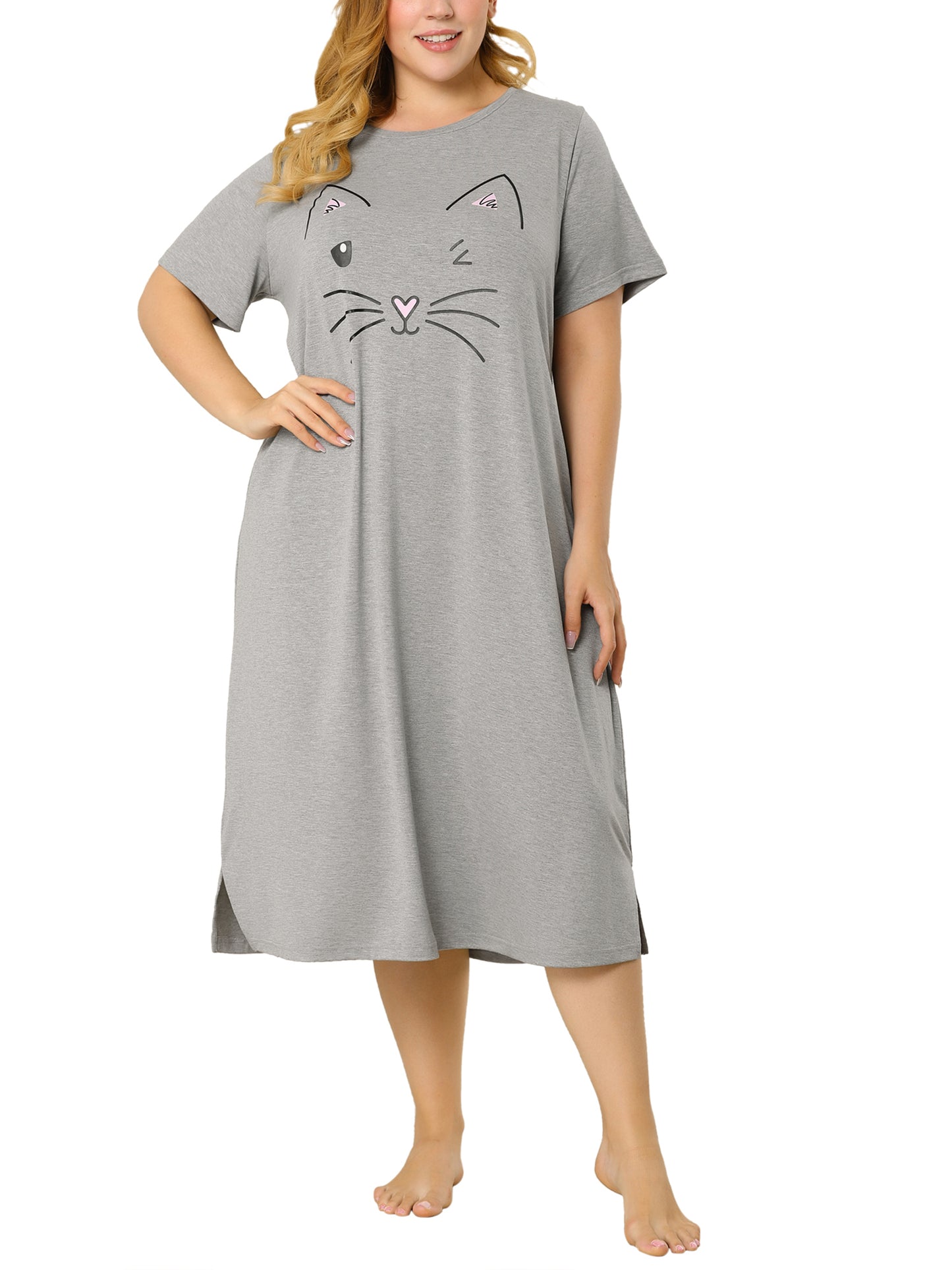 Women's Plus Size Nightgowns Pajama Dress Cute Cat Loose Loungewear with Pockets