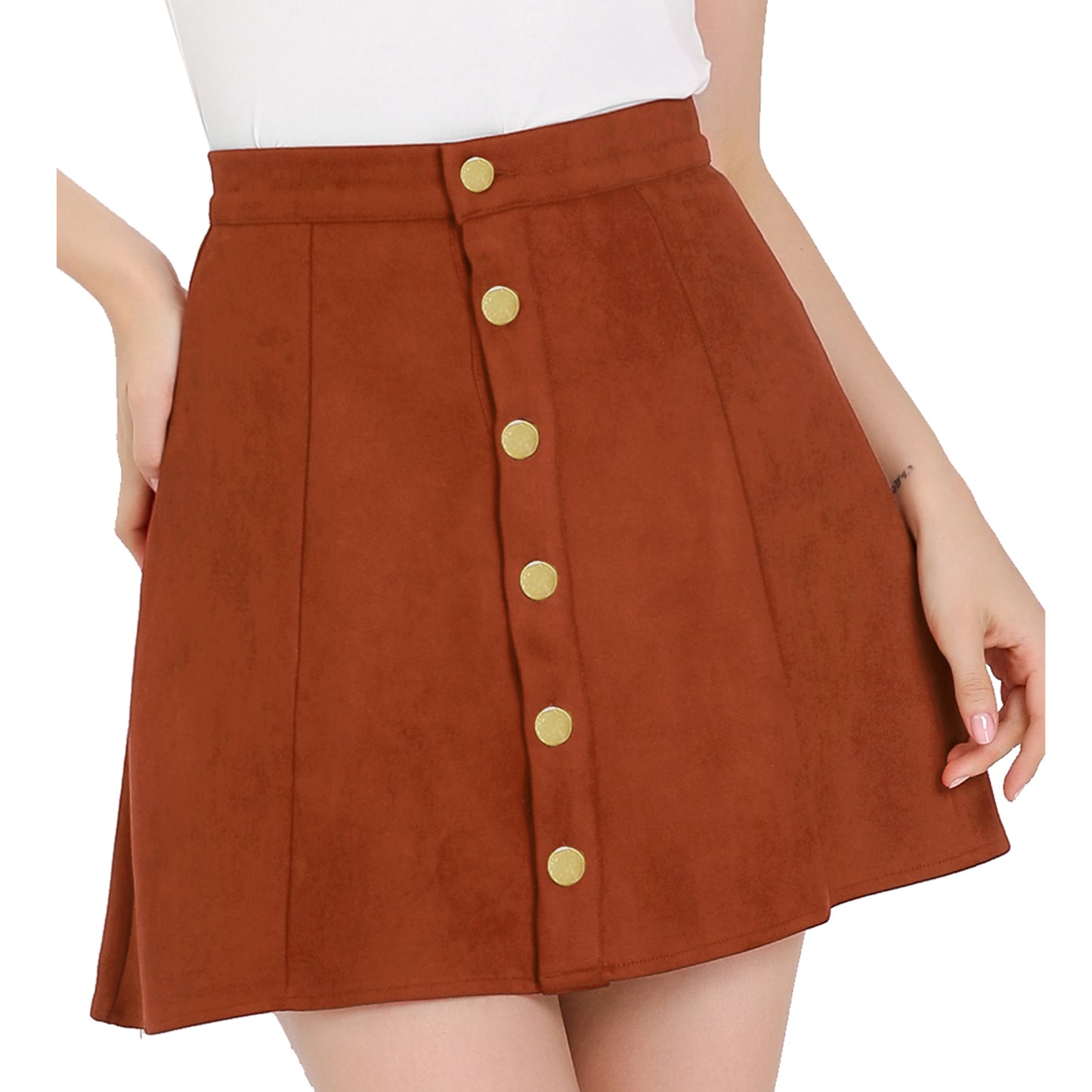 Women's Faux Suede Button A-Line High Waisted Flared Mini Short Skirt