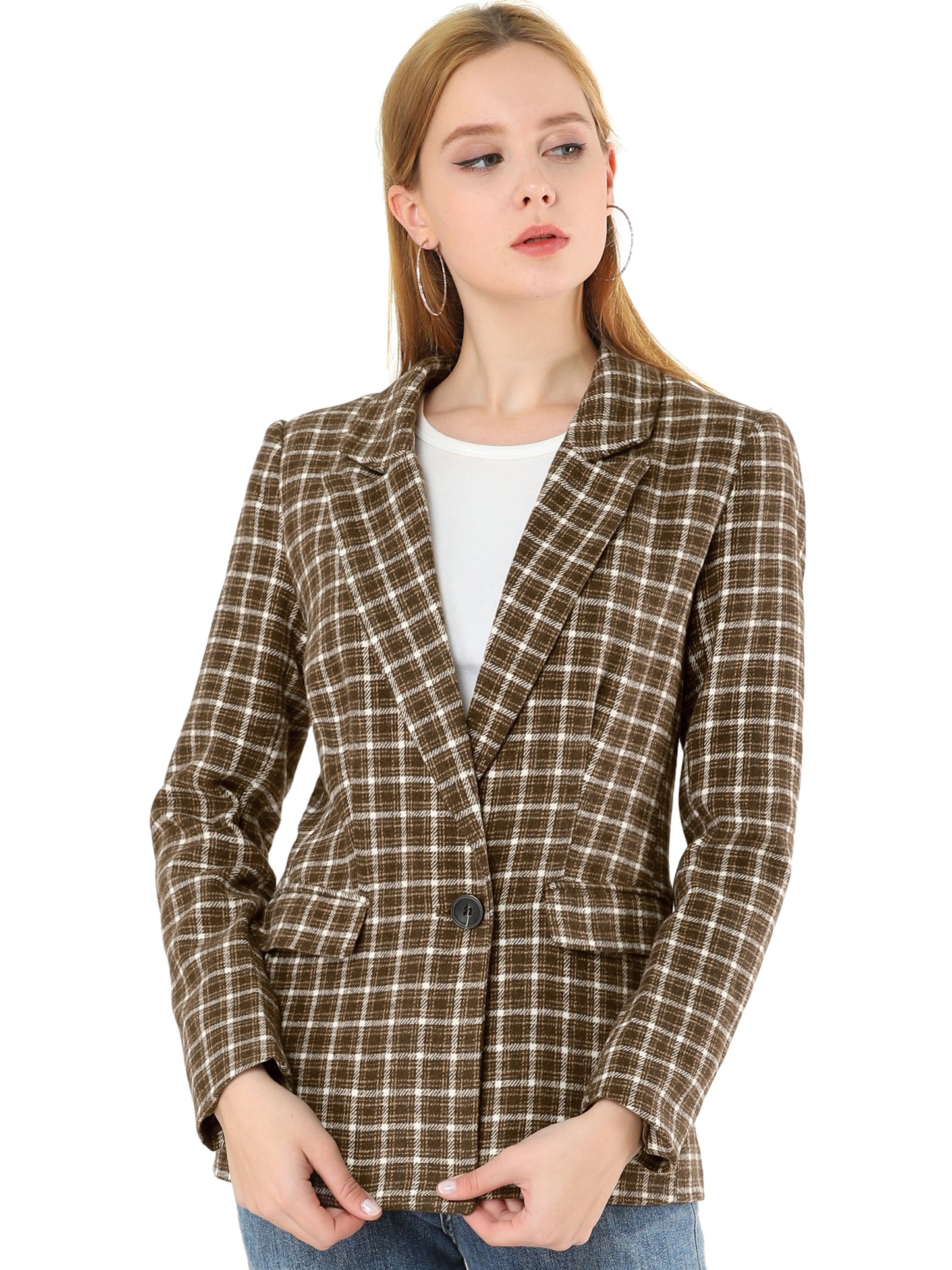 Women's Notched Lapel One Button Plaid Blazer Suit Jacket