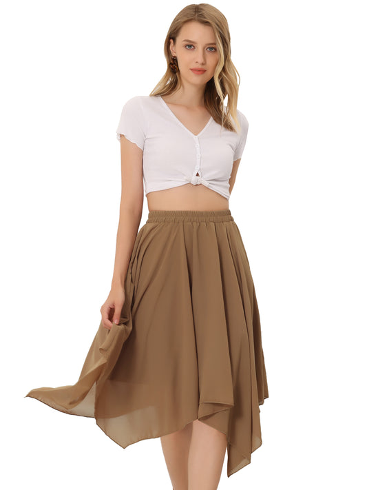 Women's Asymmetrical Hem Elastic Waist Chiffon Flowy Vintage Handkerchief Hemline Midi Skirt