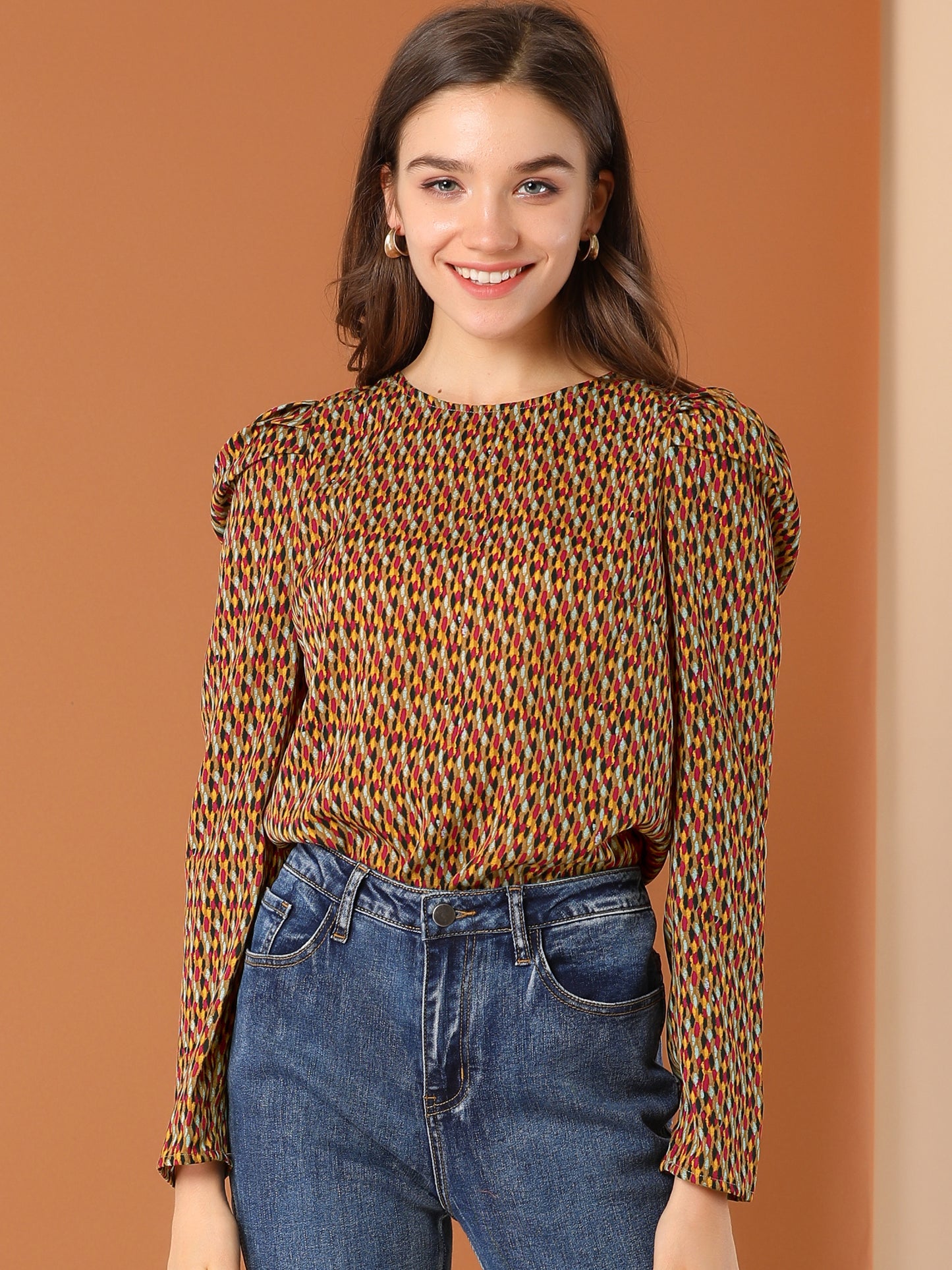 Women's Puff Long Sleeve Round Neck Puffy Chiffon Blouse Top
