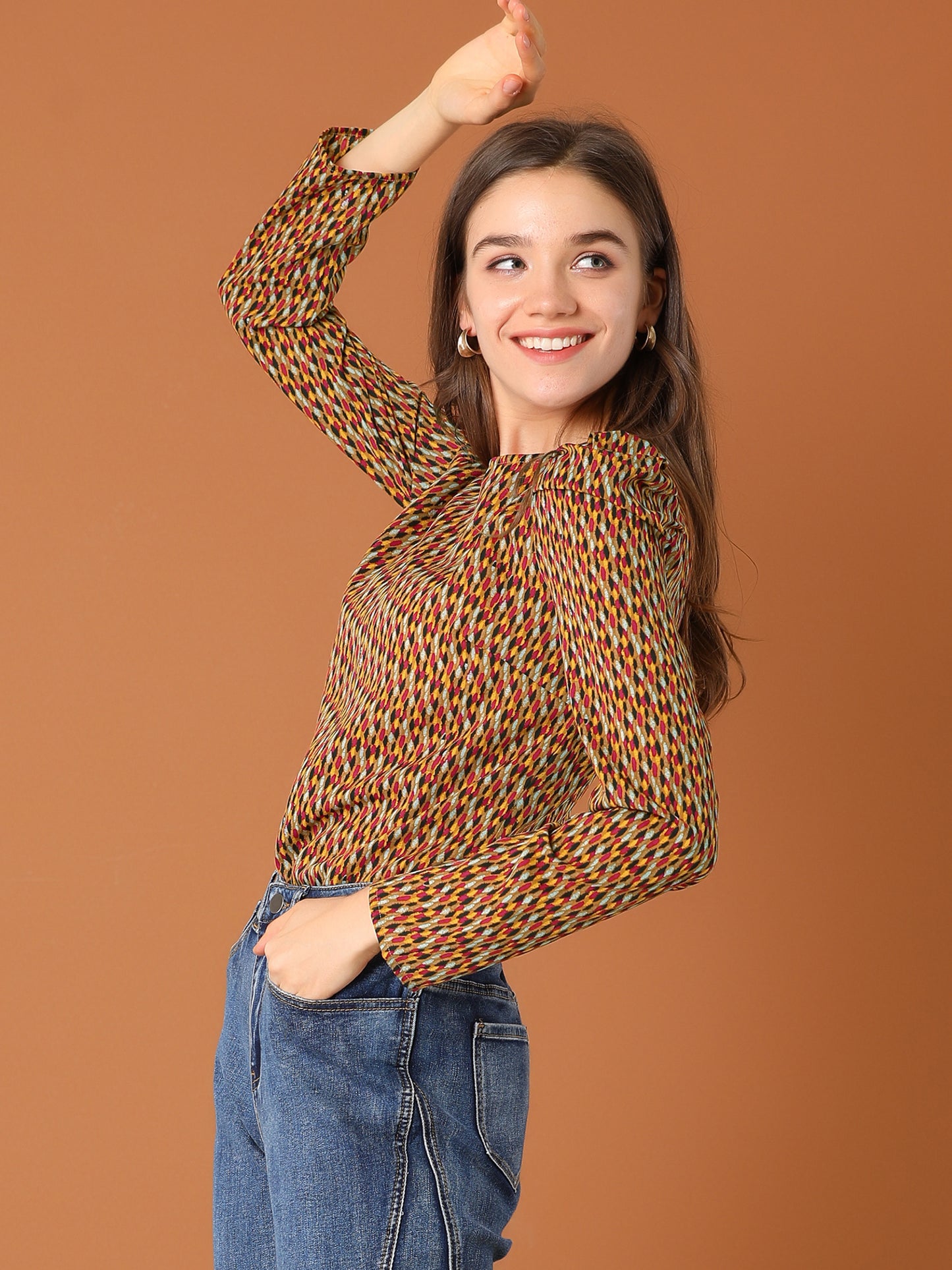 Women's Puff Long Sleeve Round Neck Puffy Chiffon Blouse Top