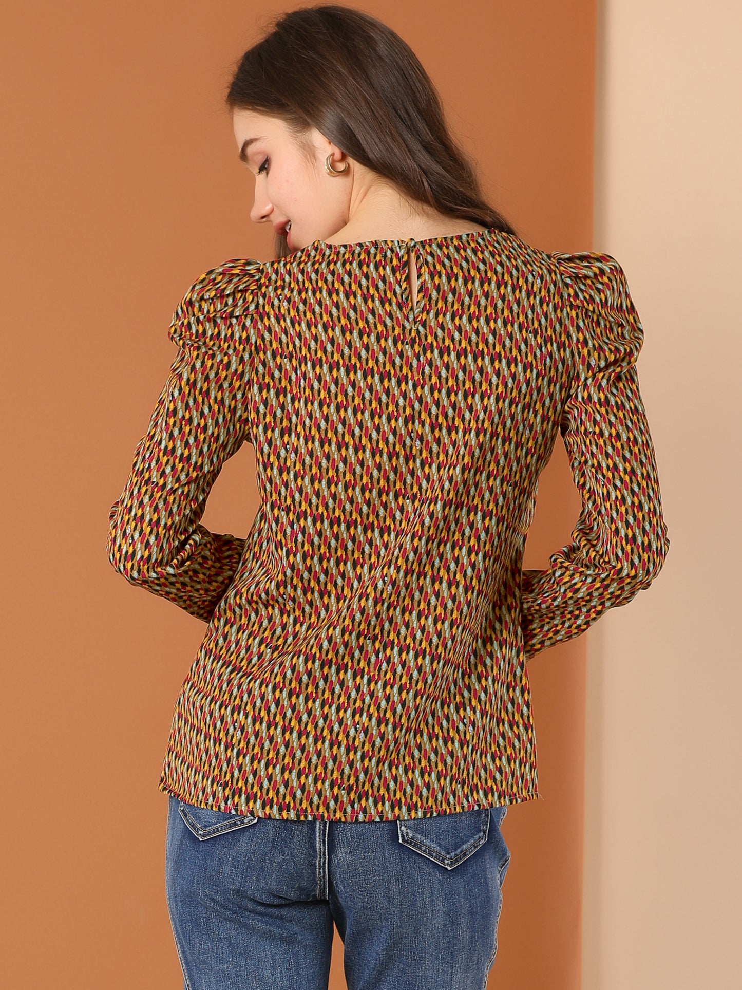 Women's Puff Long Sleeve Round Neck Puffy Chiffon Blouse Top