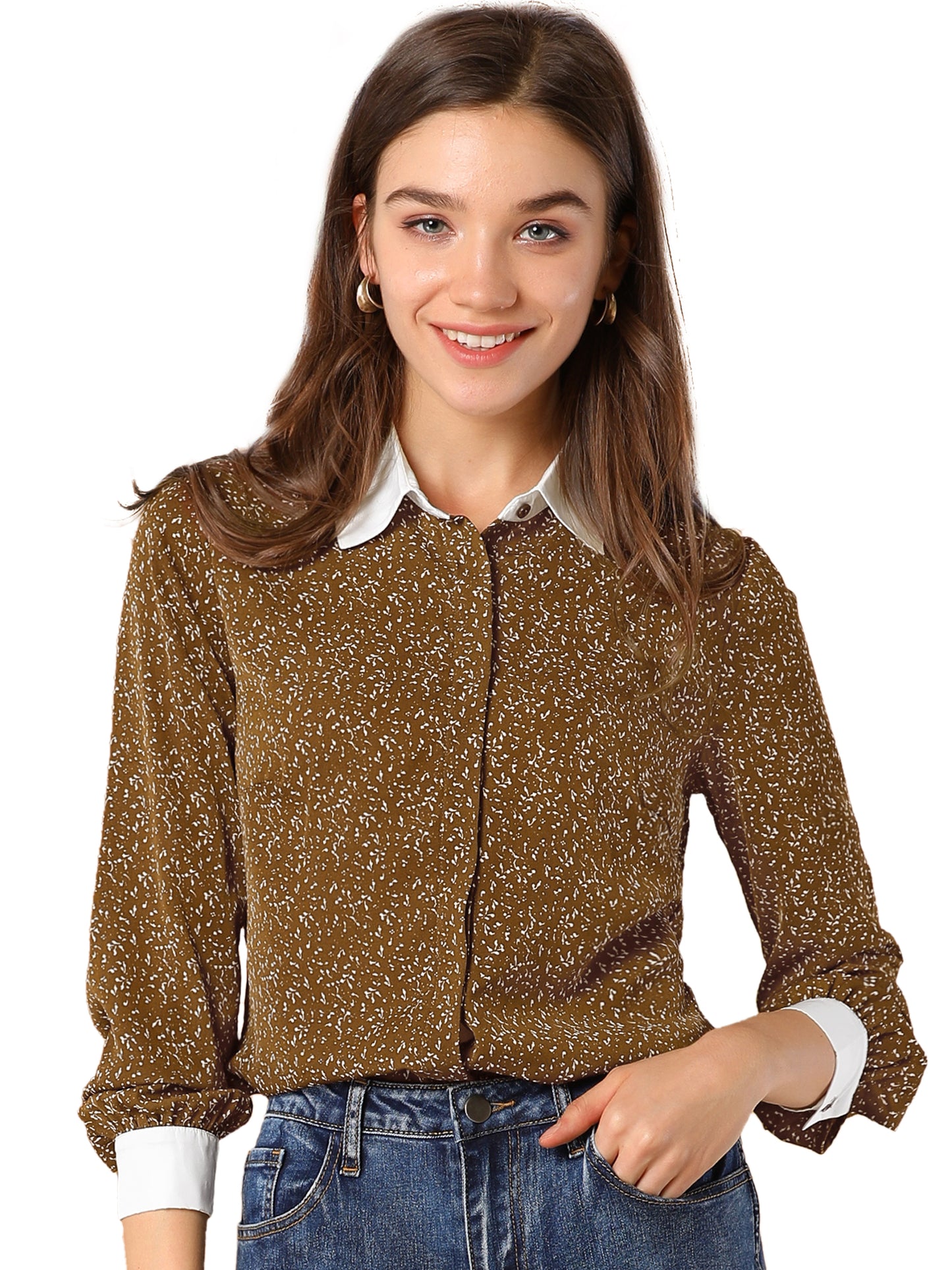 Women's Contrast Point Collar Dots Button Down Shirt