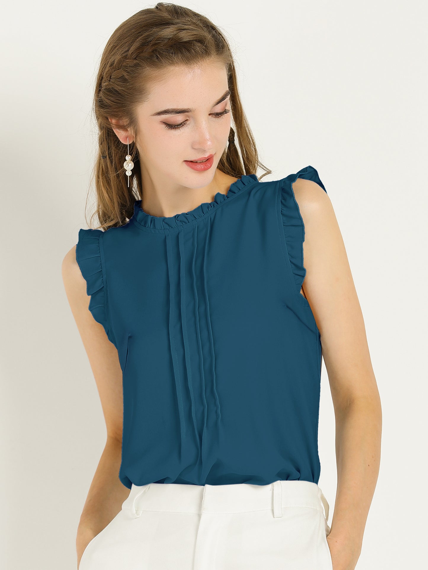 Women's Business Casual Sleeveless Ruffle Blouse Top (Available in Plus Size)