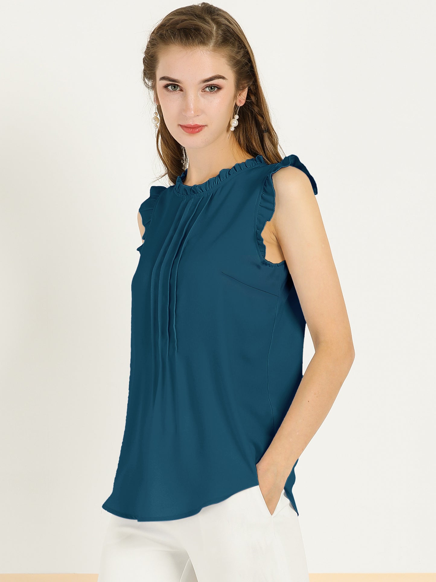 Women's Business Casual Sleeveless Ruffle Blouse Top (Available in Plus Size)